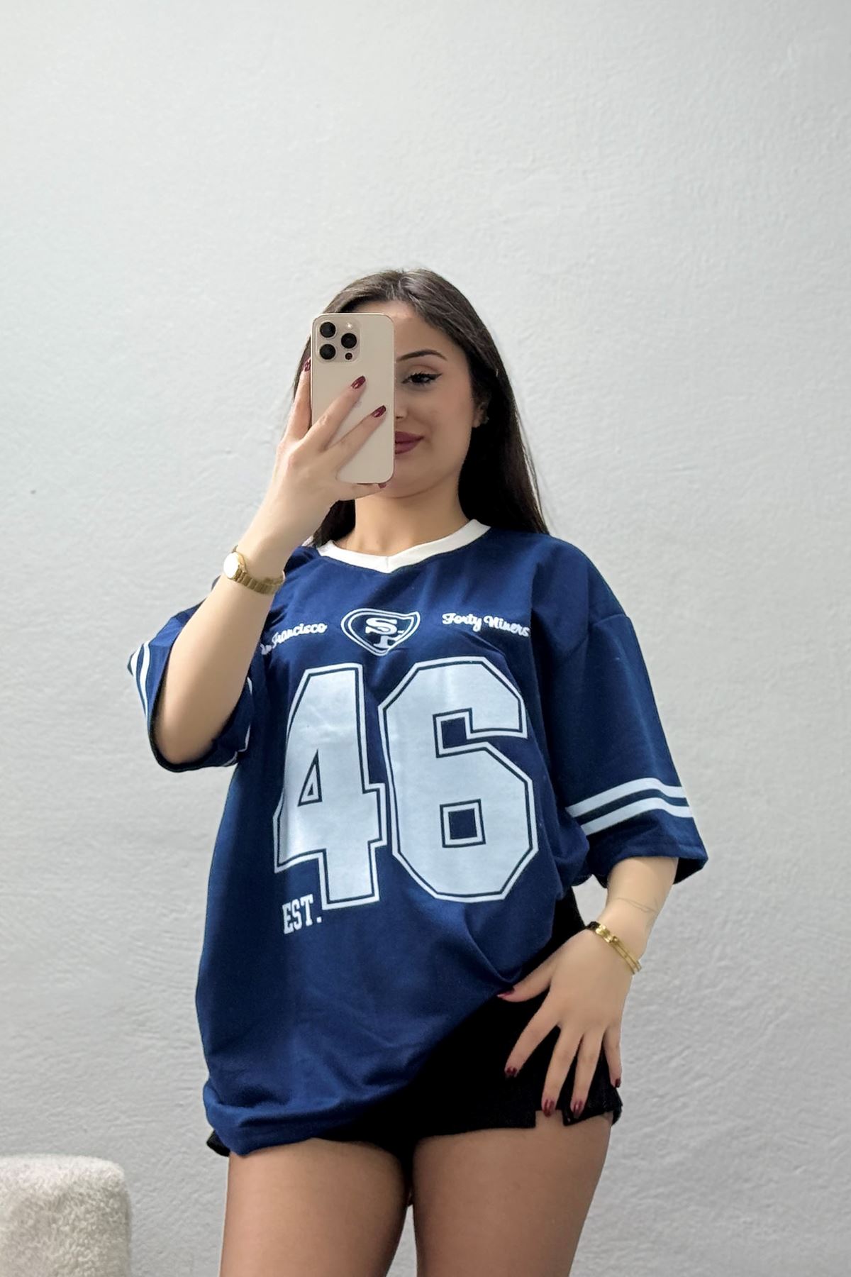 V Yaka Oversize 2 İplik Forma Tişört İndigo - 88101.1878.