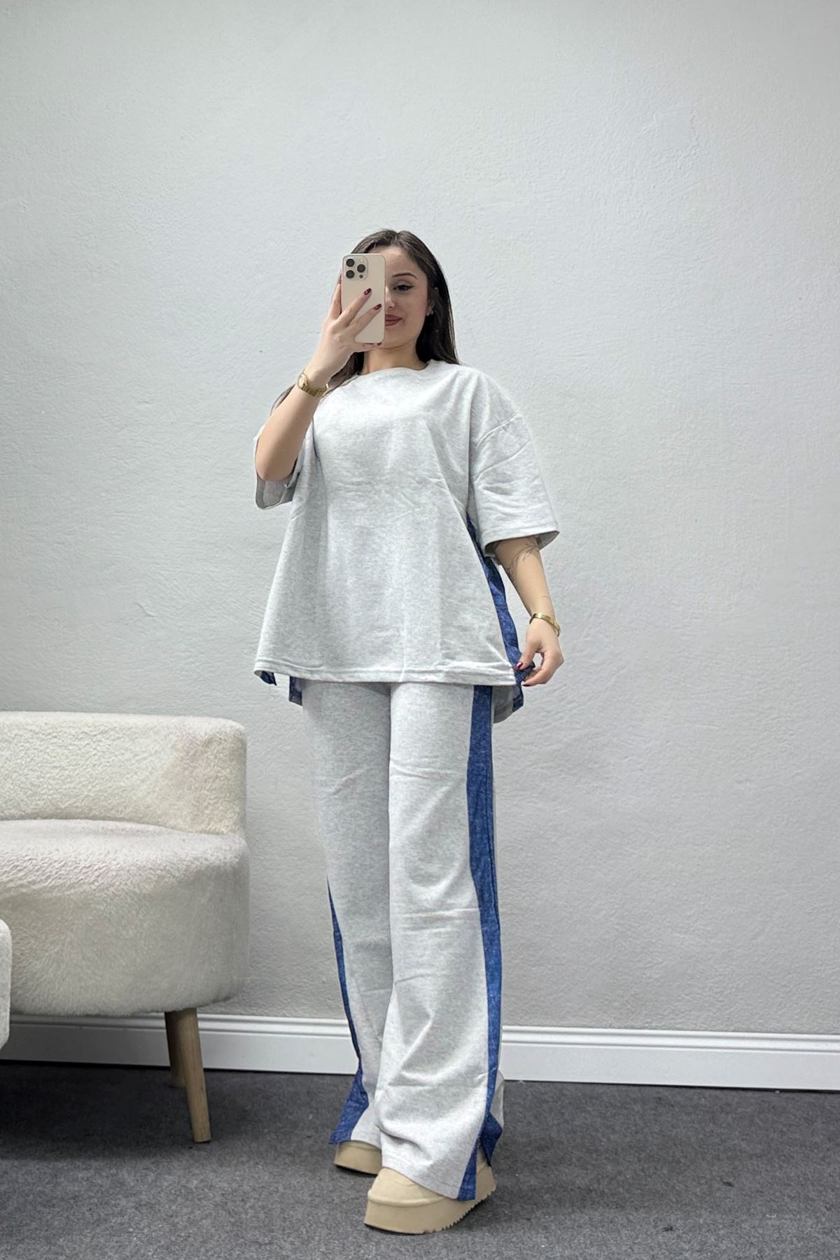 Yanı Kot Desenli Yırtmaçlı Eşofman Takımı Gri - 52216.1857.