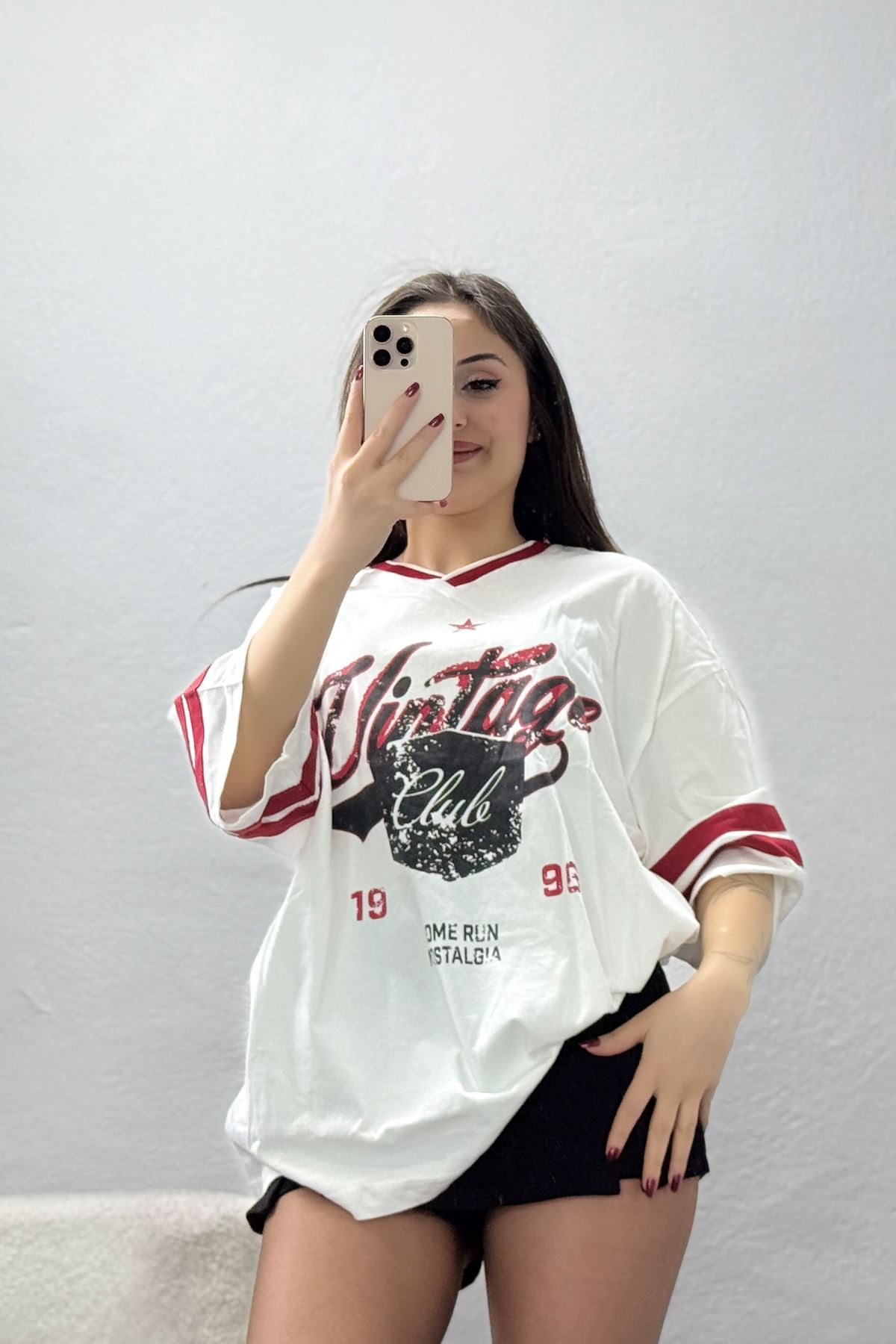 Oversize Pamuk Penye V Yaka Erkek Tişört Beyazdesenli - 71142.1871.