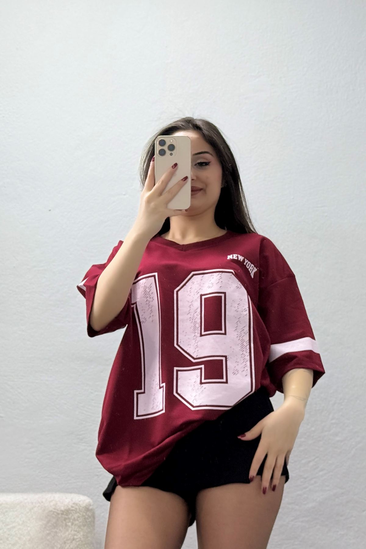 V Yaka Oversize 2 İplik Forma Tişört Bordo - 88106.1878.