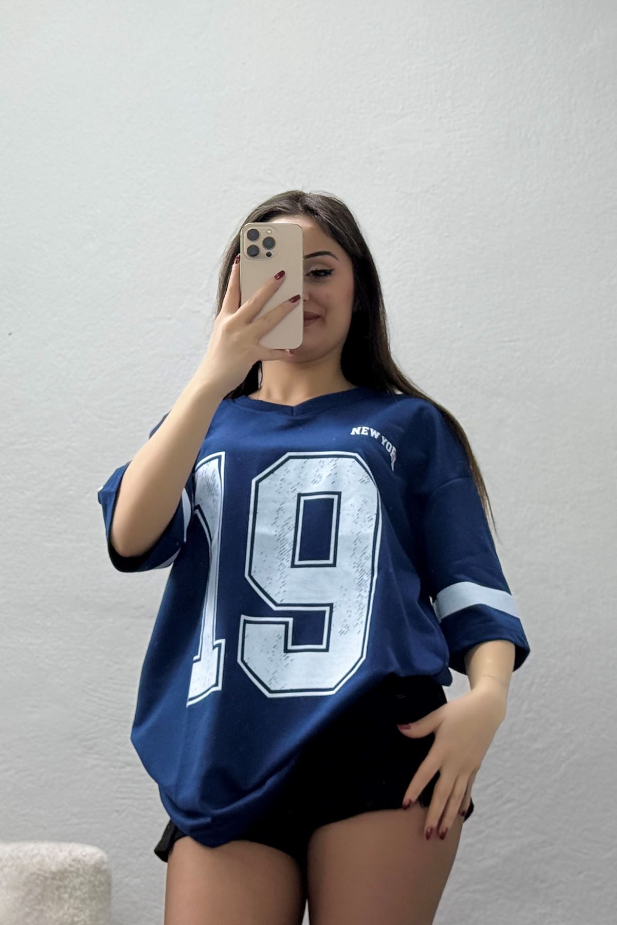 V Yaka Oversize 2 İplik Forma Tişört İndigo - 88106.1878.