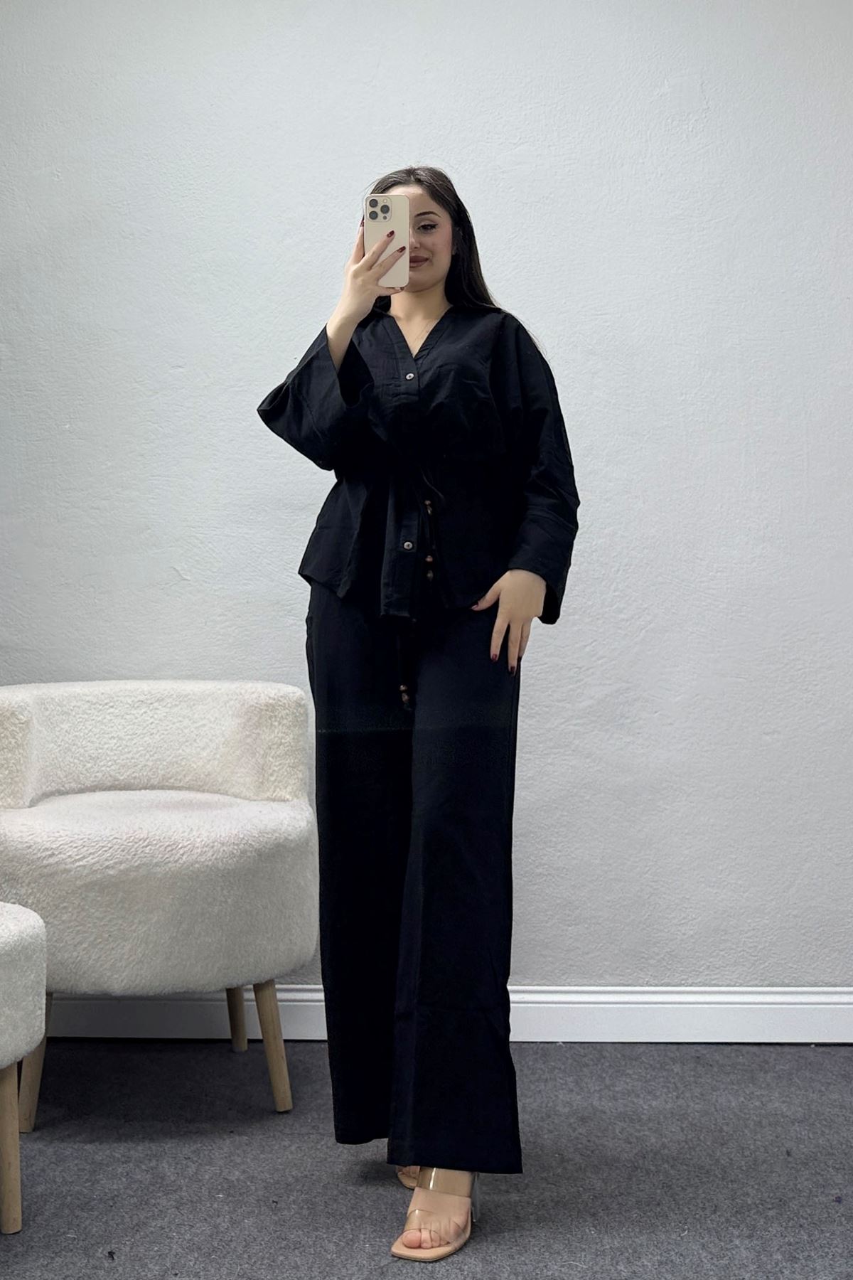 Bel Büzgülü Keten İkili Takım Siyah - 7571.196.