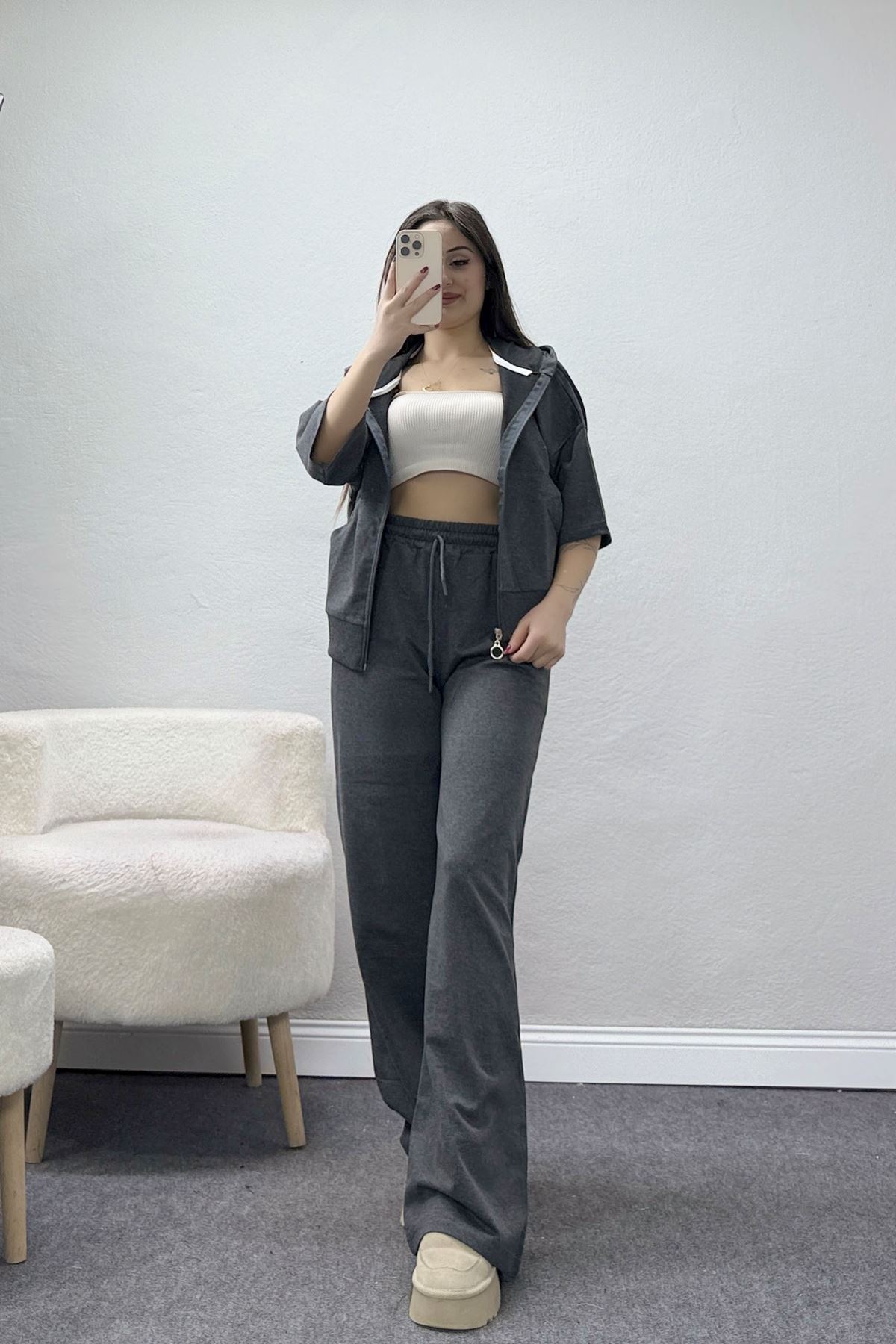 Fermuarlı Kapşonlu Eşofman Takımı Füme - 52248.1857.