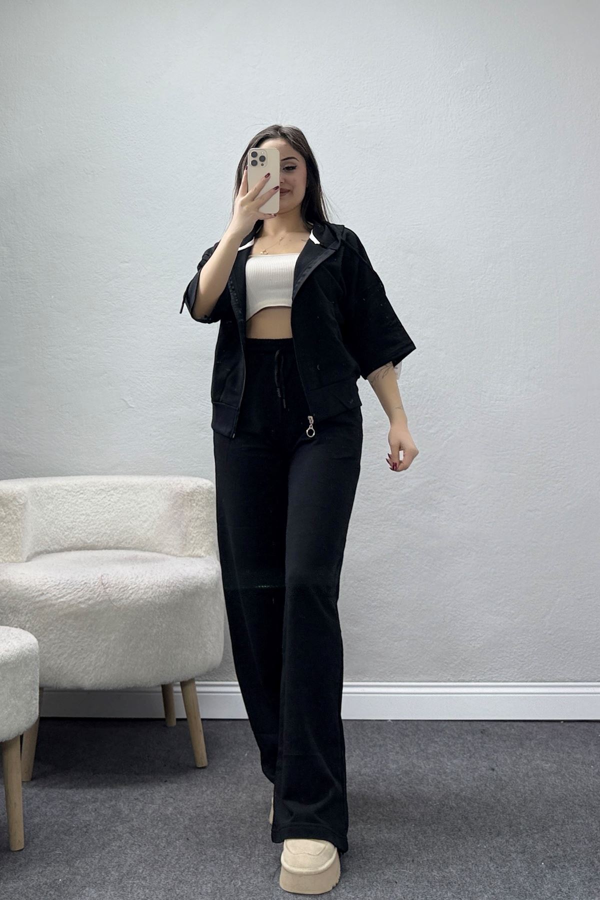 Fermuarlı Kapşonlu Eşofman Takımı Siyah - 52248.1857.