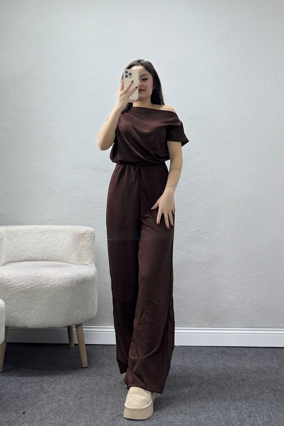 Kayık Yaka Modal Kumaş Kısa Kollu İkili Takım Kahve - 55093.1567.