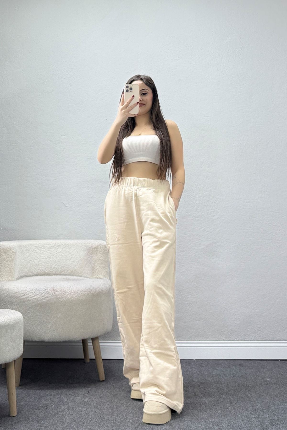 Şardonsuz 3 İplik Eşofman Altı Bej - 3000.1238.