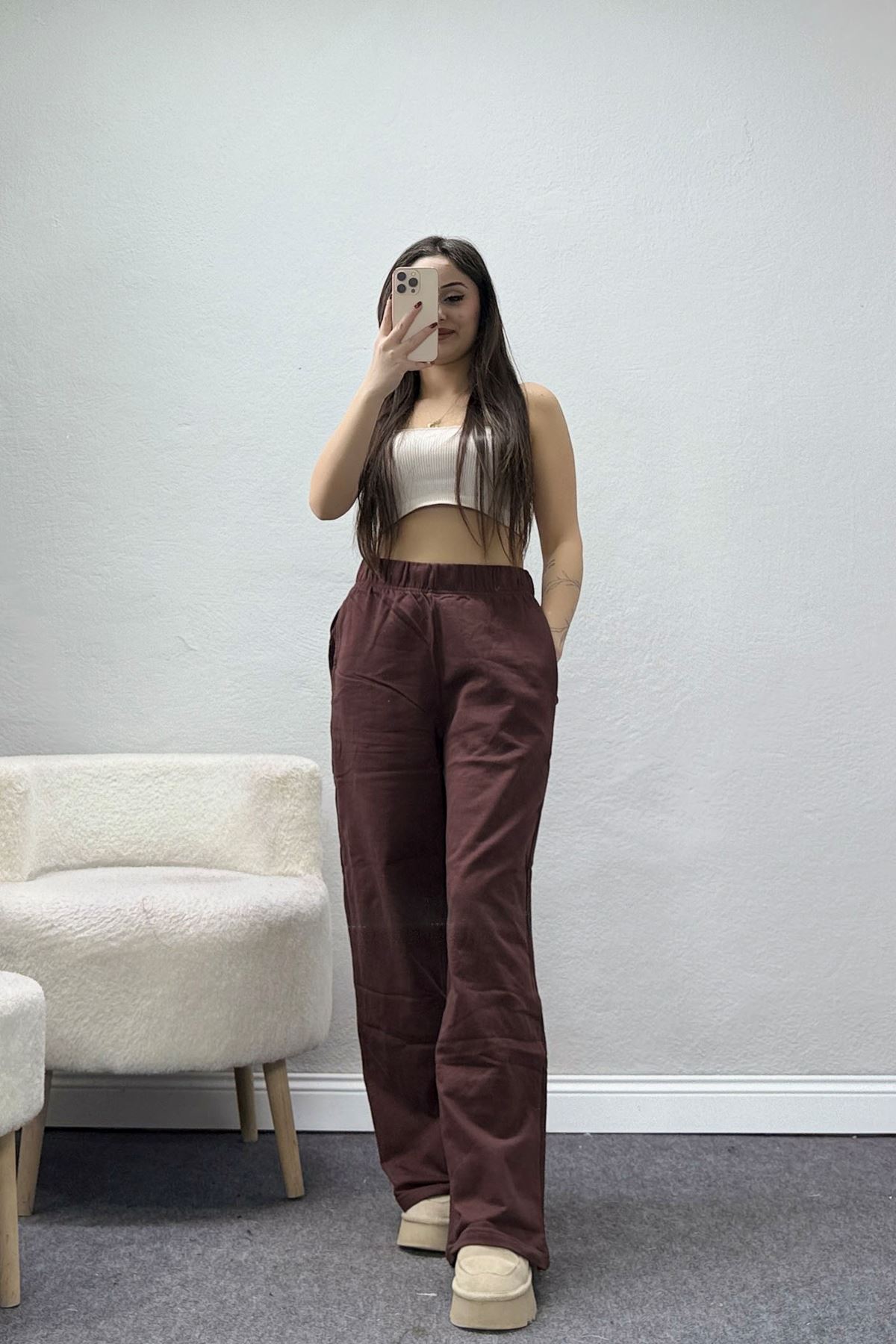 Şardonsuz 3 İplik Eşofman Altı Kahve - 3000.1238.