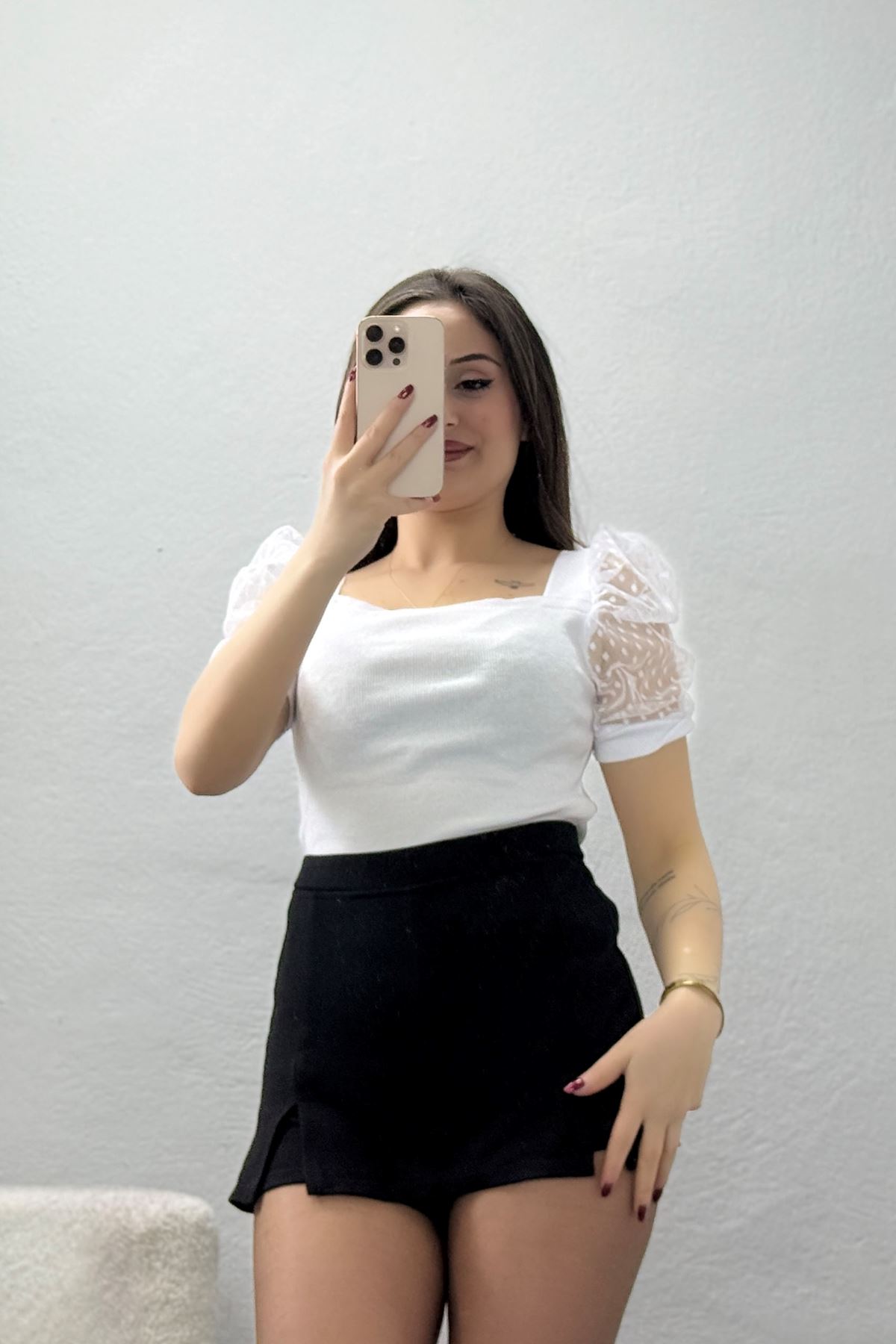 Kol Tül Detaylı Kaşkorse Bluz Beyaz - 40252.1960.