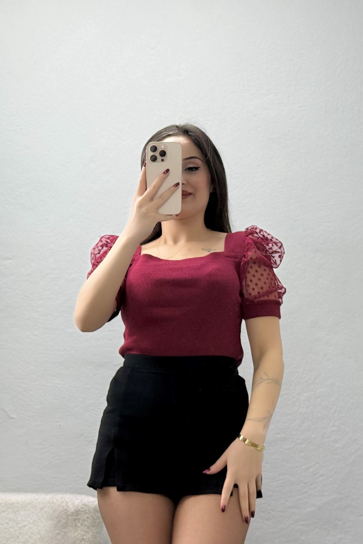 Kol Tül Detaylı Kaşkorse Bluz Bordo - 40252.1960.