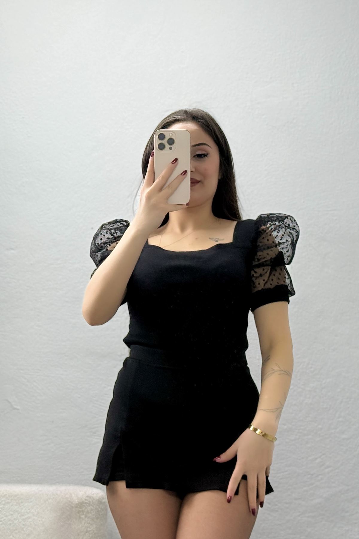 Kol Tül Detaylı Kaşkorse Bluz Siyah - 40252.1960.