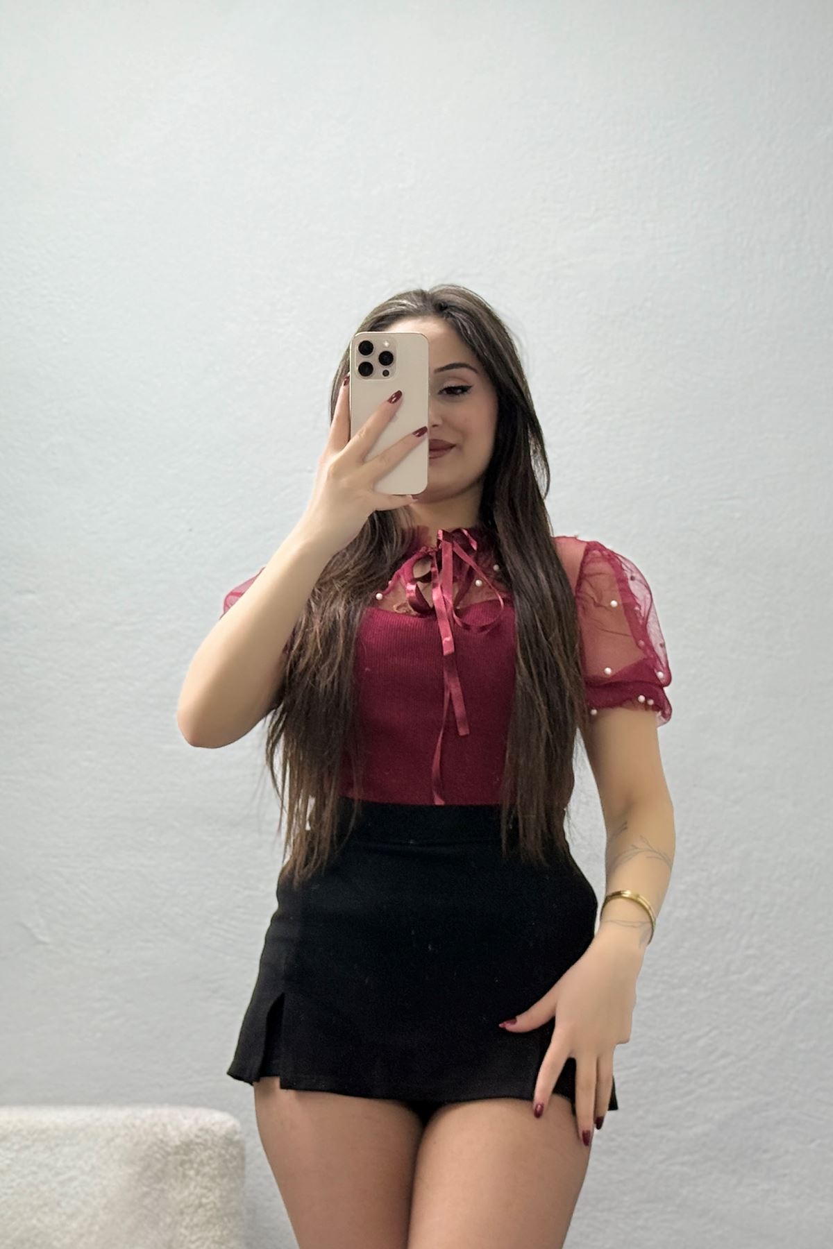 Tül Detay Bluz Bordo - 50204.1960.