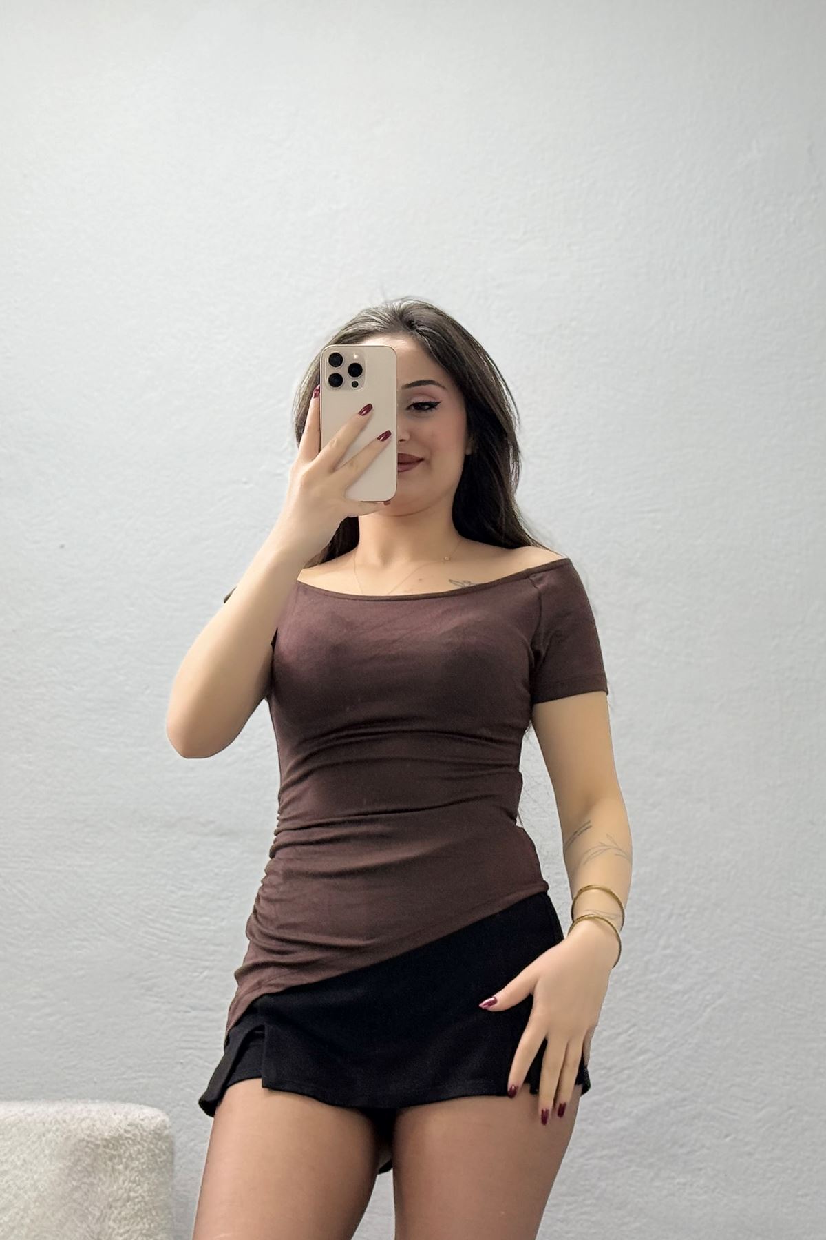 Kayık Yaka Ribana Viskon Bluz Kahve - 71159.1748.