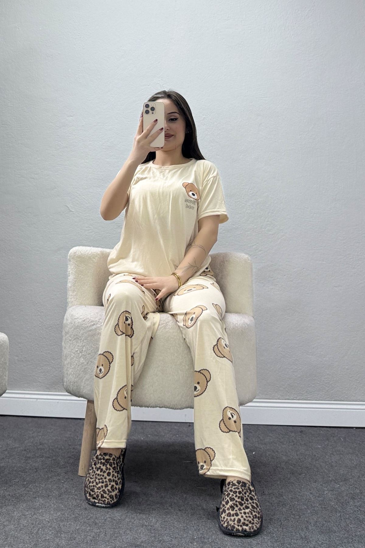 Bisiklet Yaka Kısa Kol Pijama Takımı Bej - 304.1287.