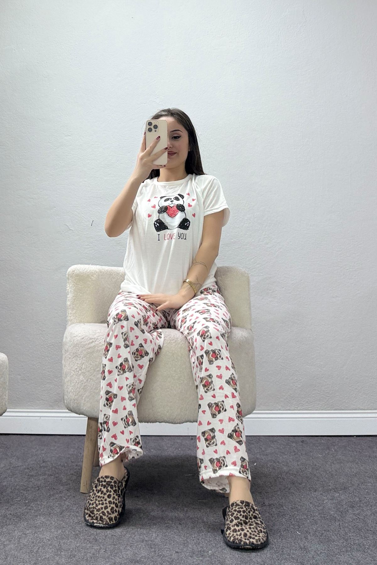 Bisiklet Yaka Kısa Kol Pijama Takımı Beyazayı - 304.1287.