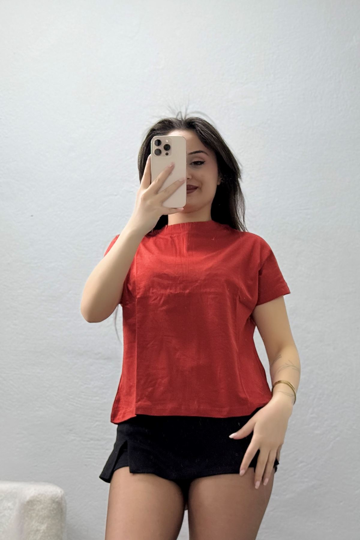 Dik Yaka Kısa Kol Pamuklu Kısa Tişört Kiremit - 19588.200.