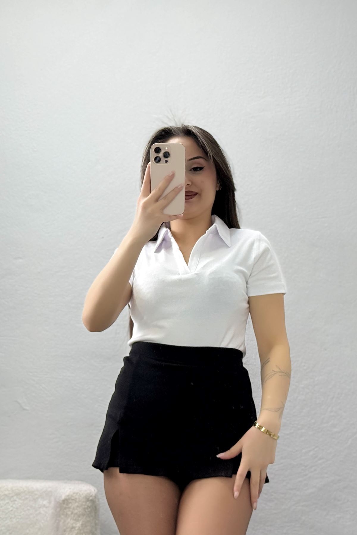 Ribana Gömlek Yaka Kısa Kollu Tişört Beyaz - 22023.200.