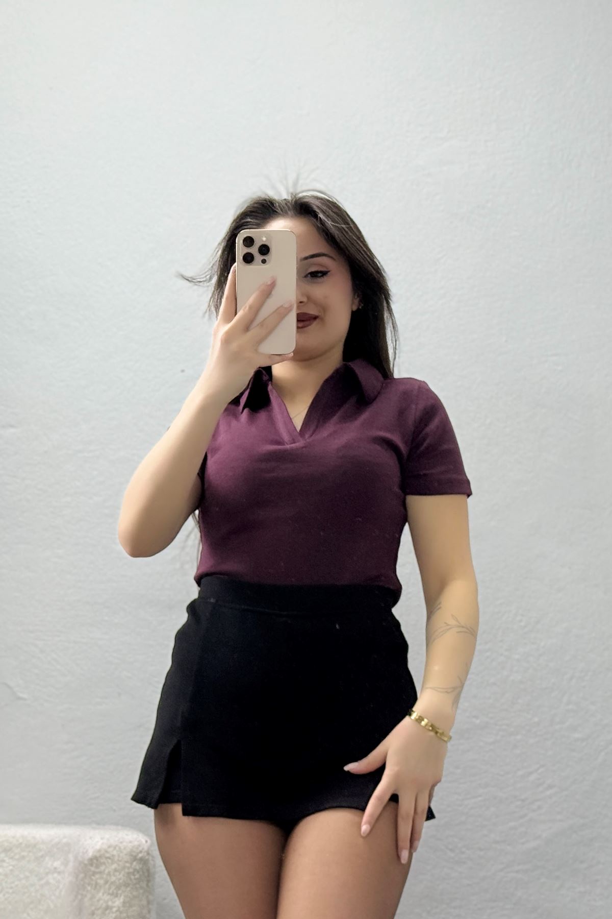 Ribana Gömlek Yaka Kısa Kollu Tişört Mürdüm - 22023.200.