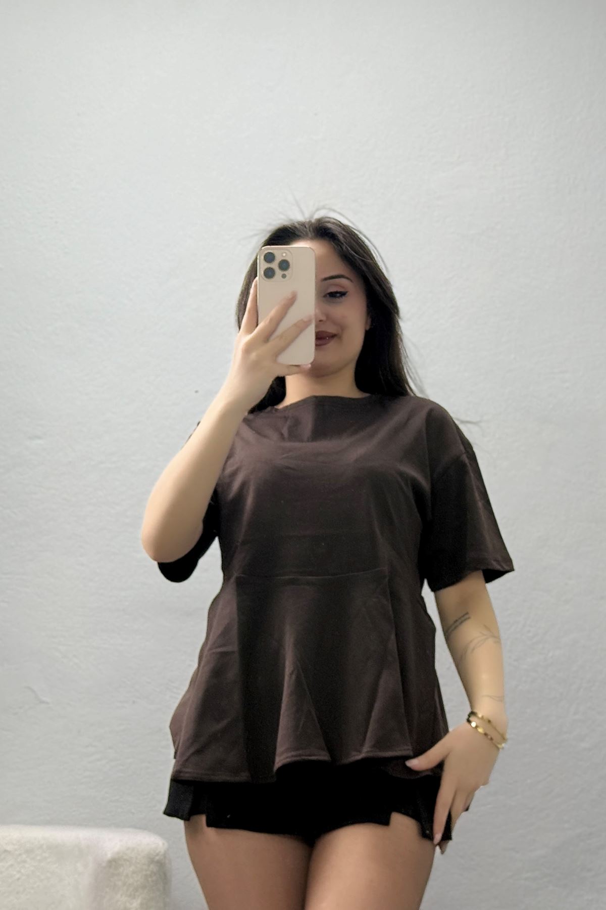 Bisiklet Yaka Volanlı Pamuk Penye Bluz Kahve - 22173.200.