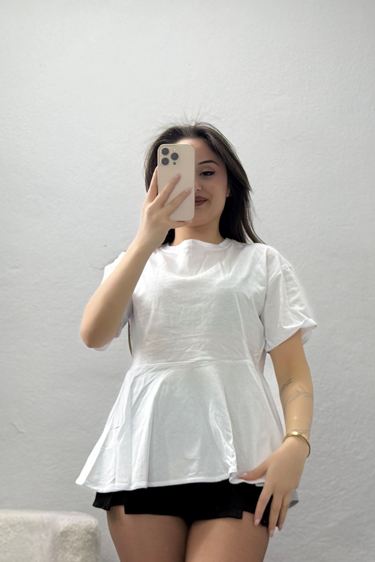 Bisiklet Yaka Volanlı Pamuk Penye Bluz Beyaz - 22173.200.