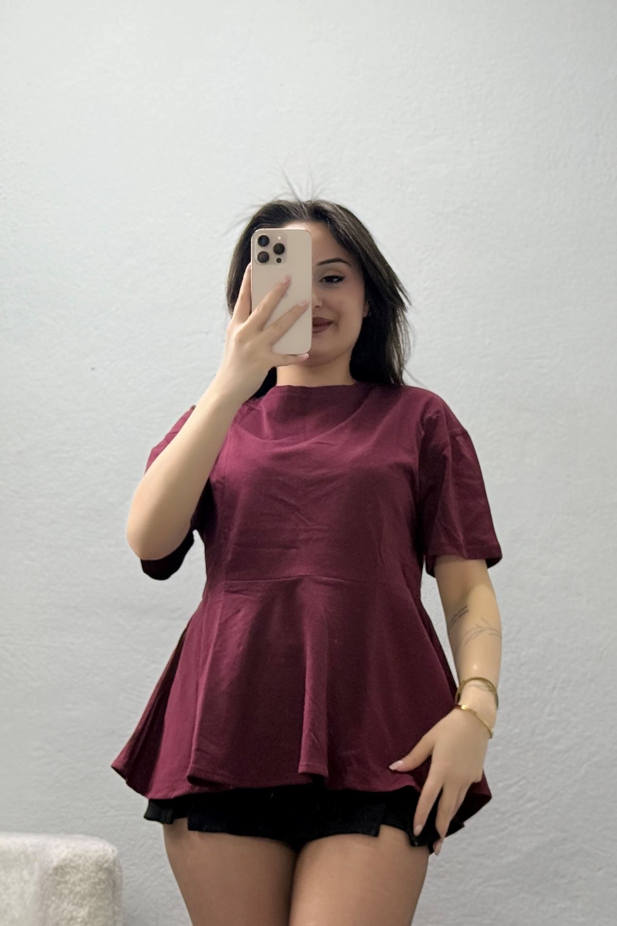 Bisiklet Yaka Volanlı Pamuk Penye Bluz Bordo - 22173.200.