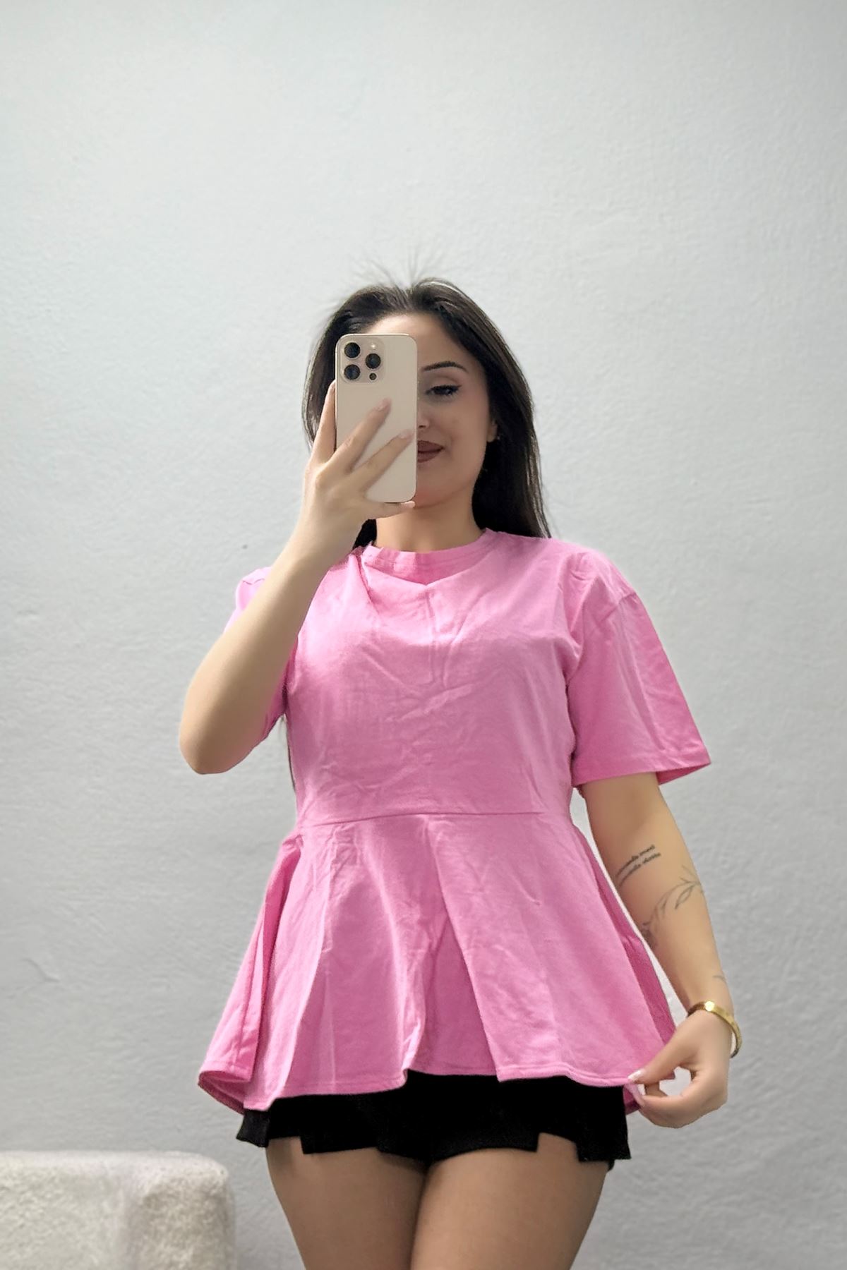 Bisiklet Yaka Volanlı Pamuk Penye Bluz Pembe - 22173.200.