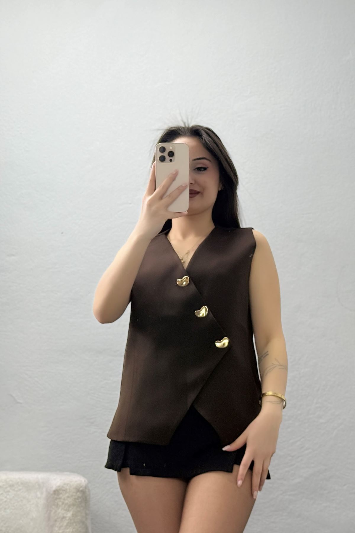 Asimetrik Kesim Astarlı Dabıl Yelek Acıkahve - 32457.1991.