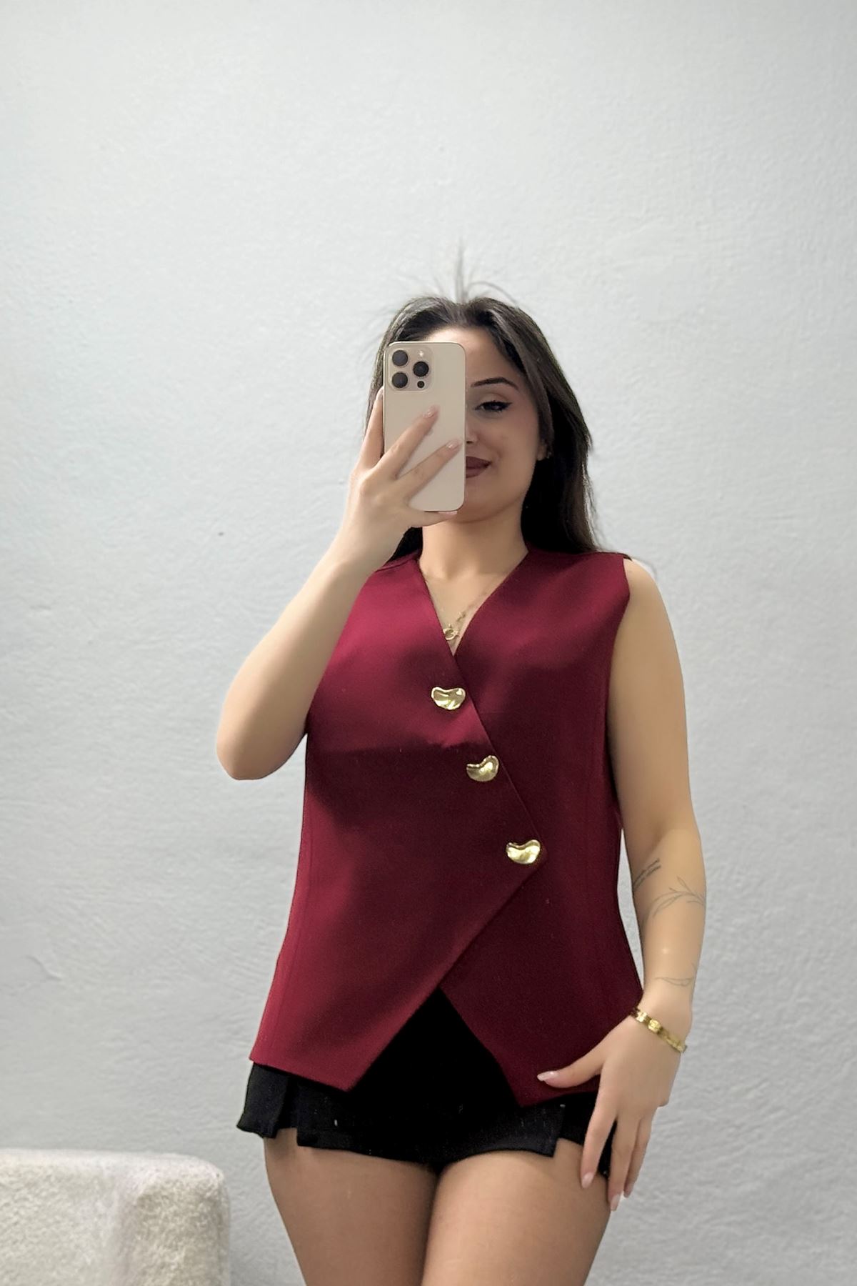 Asimetrik Kesim Astarlı Dabıl Yelek Bordo - 32457.1991.