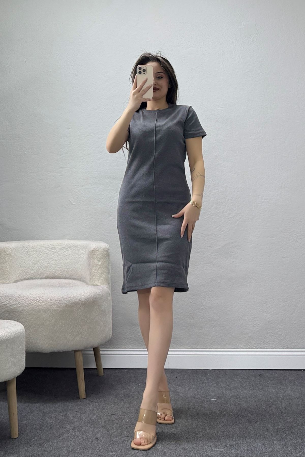 Bisiklet Yaka Kaşkorse Elbise Füme - 70896.1567.