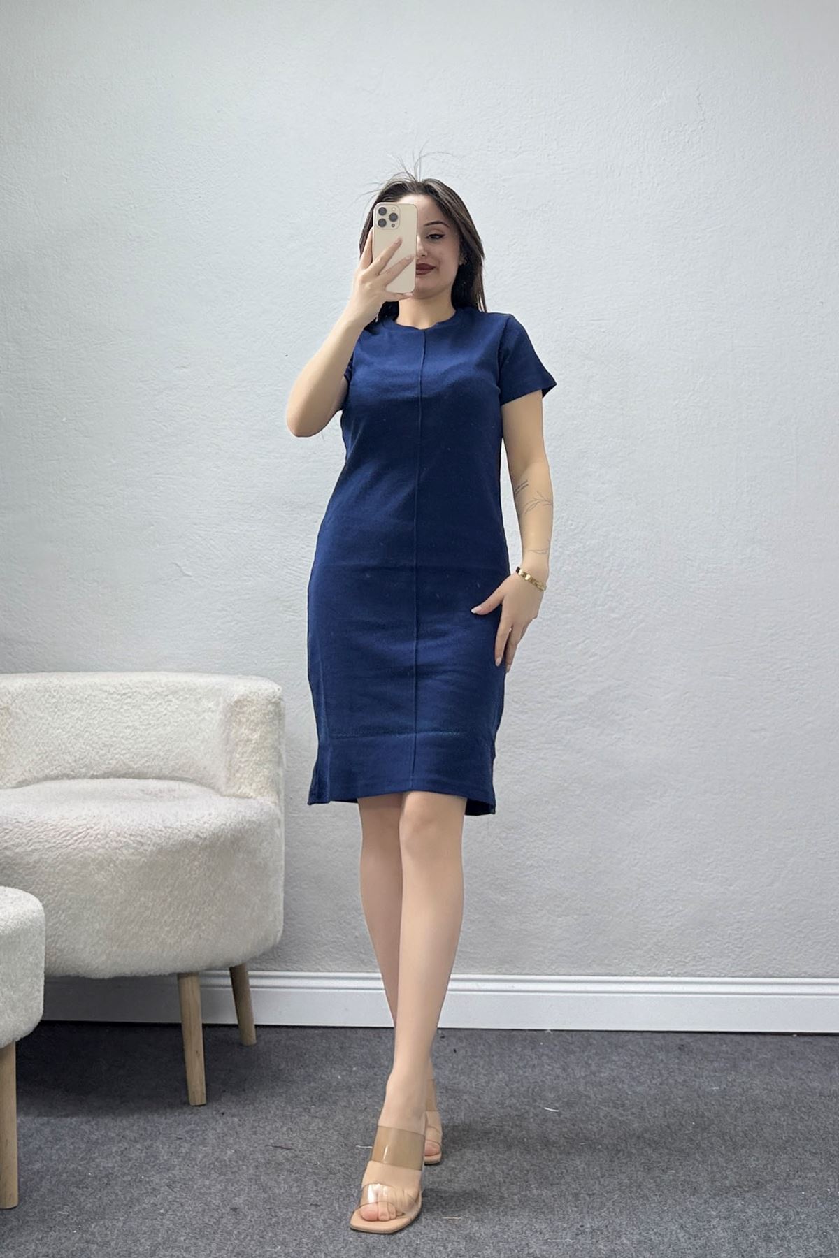 Bisiklet Yaka Kaşkorse Elbise Lacivert - 70896.1567.