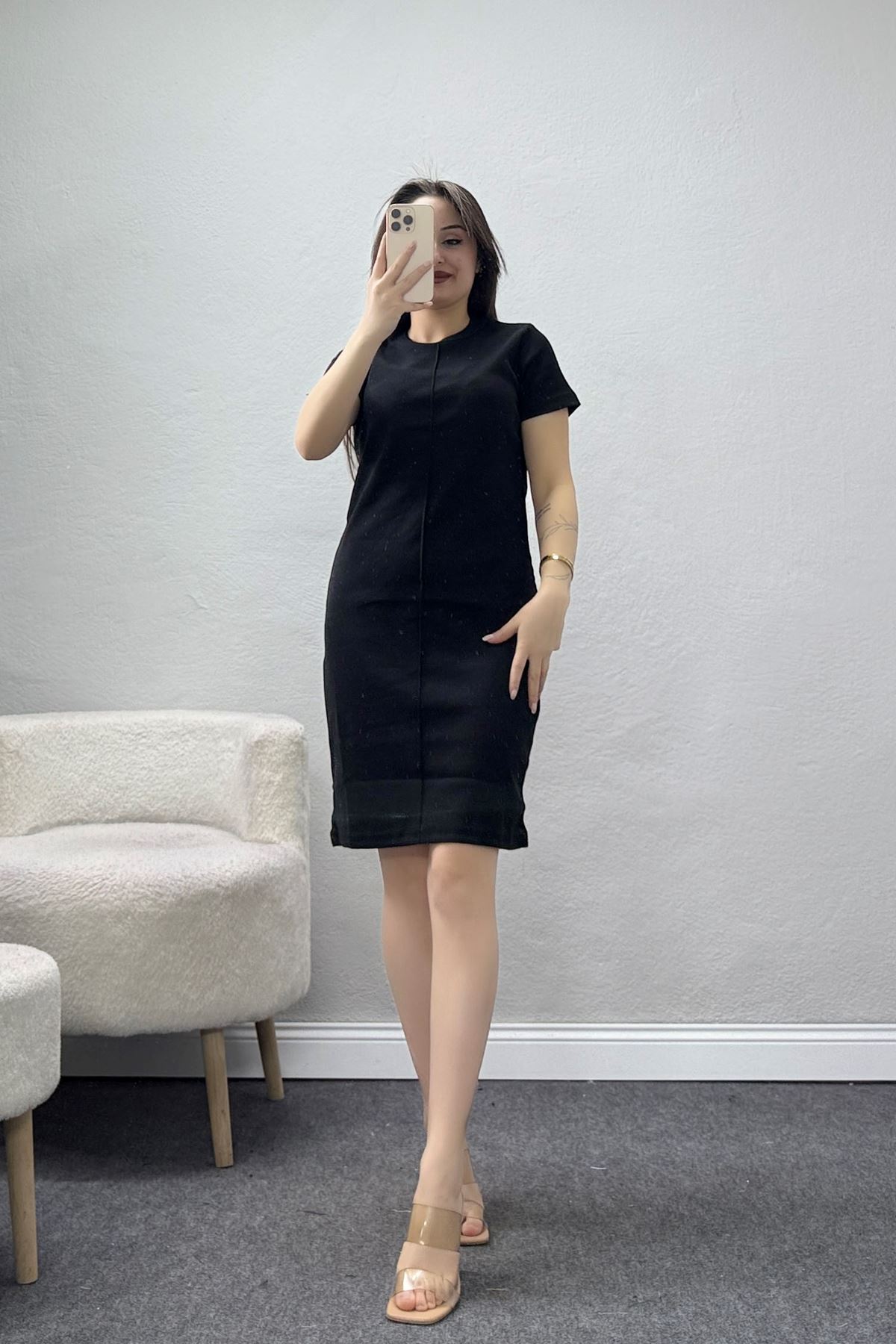 Bisiklet Yaka Kaşkorse Elbise Siyah - 70896.1567.