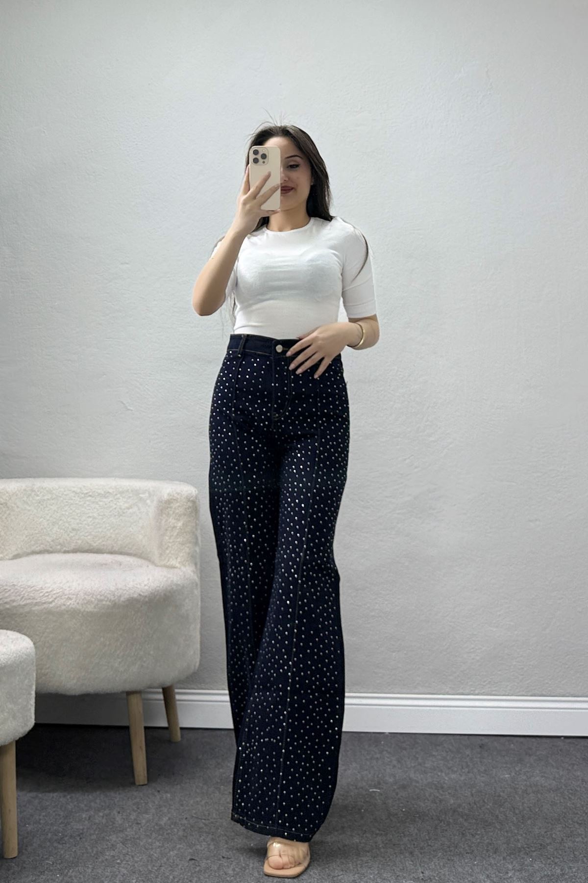 Taşlı Çımalı Kot Pantolon Koyumavi - 32448.2001