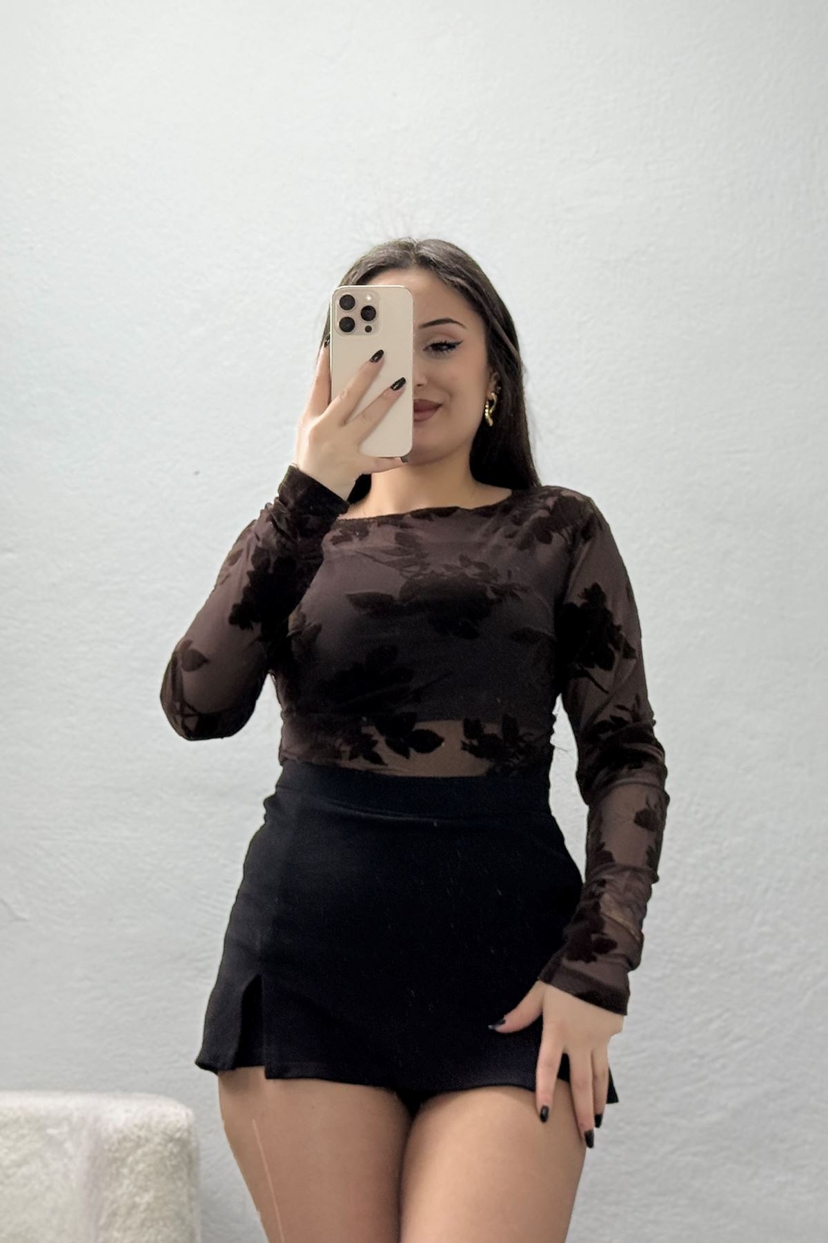 Flok Baskılı Tül Bluz Kahveçiçekli - 70957.1567.