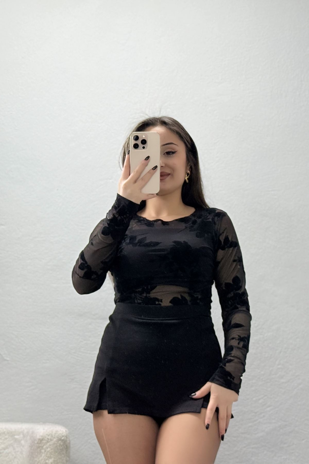 Flok Baskılı Tül Bluz Siyahçiçekli - 70957.1567.