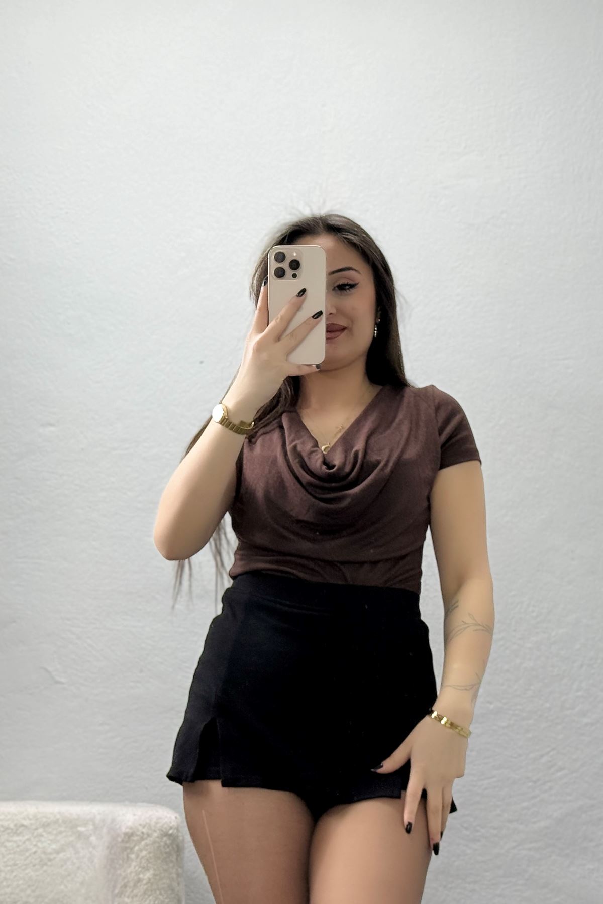 Degaje Yaka Penye Kumaş Bluz Kahve - 71422.1748.