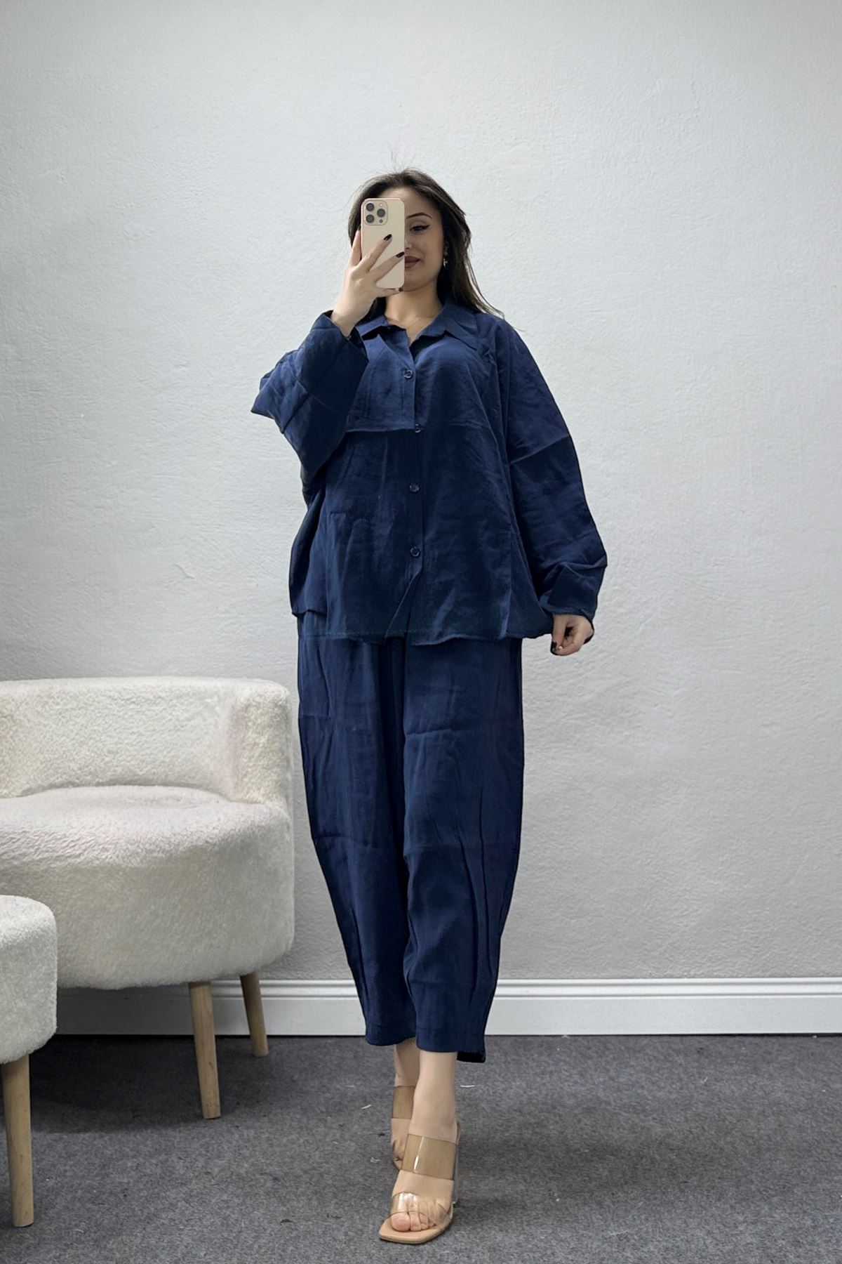 Dokuma Modal Şalvarlı Takım Lacivert - 011.2153.