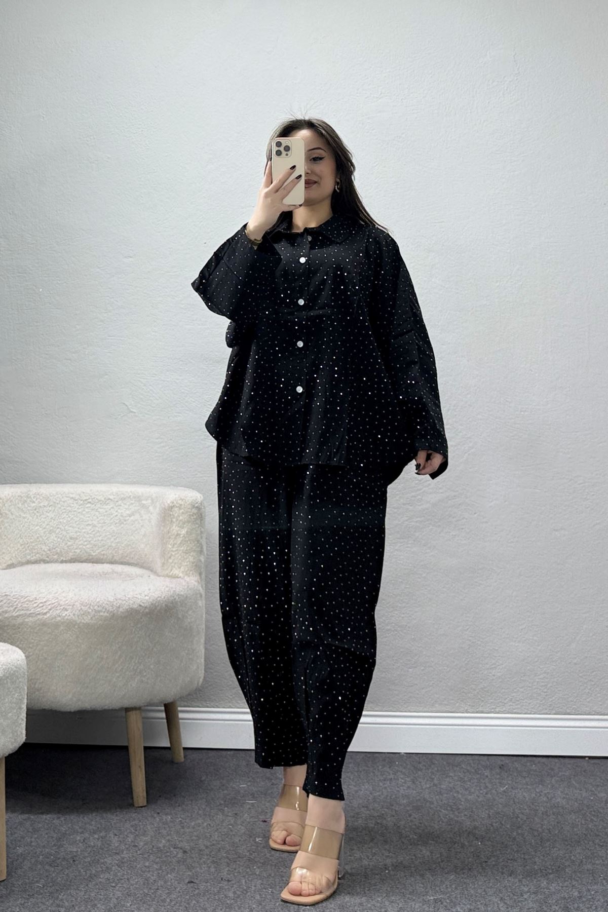 Dokuma Modal Cupralı Taşlı Takım Siyah - 145.2153.