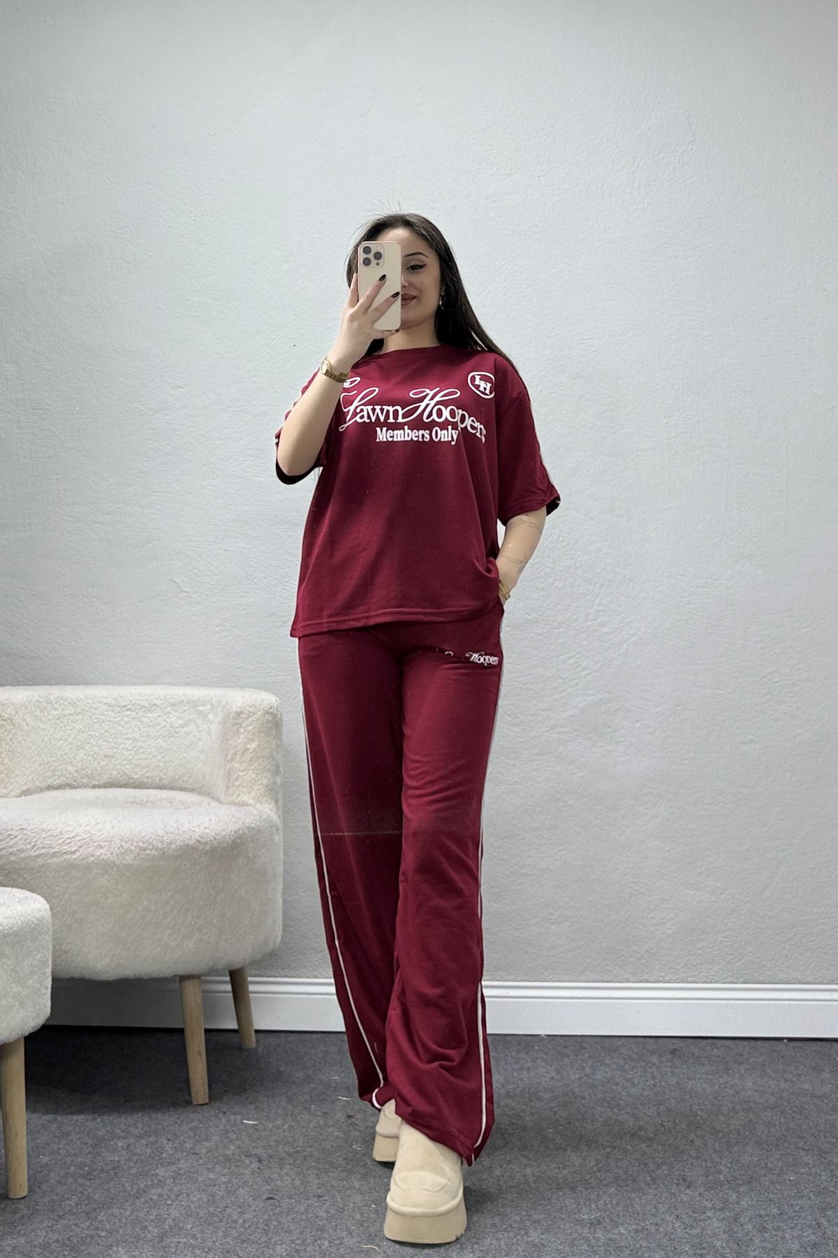 2 İplik Biyeli Baskılı Eşofman Takımı Bordo - 52265.1005.