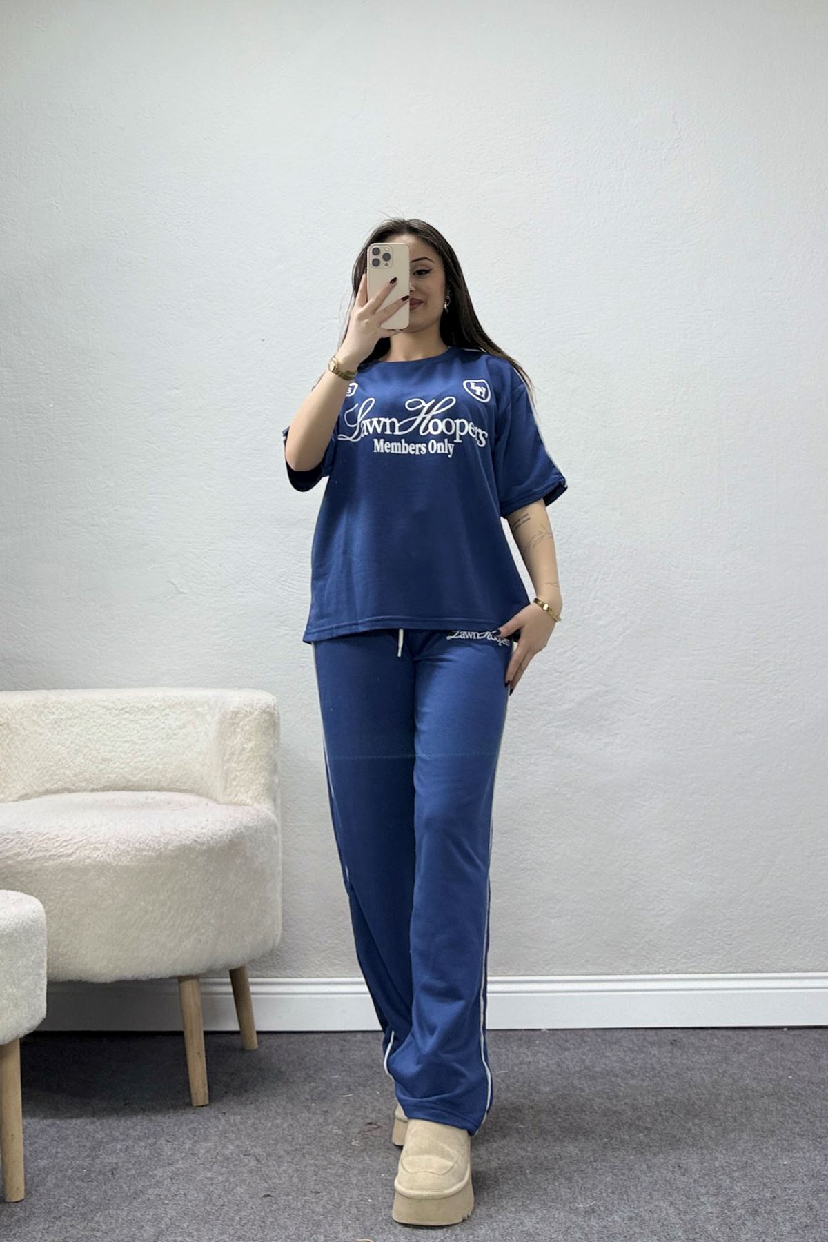 2 İplik Biyeli Baskılı Eşofman Takımı İndigo - 52265.1005.