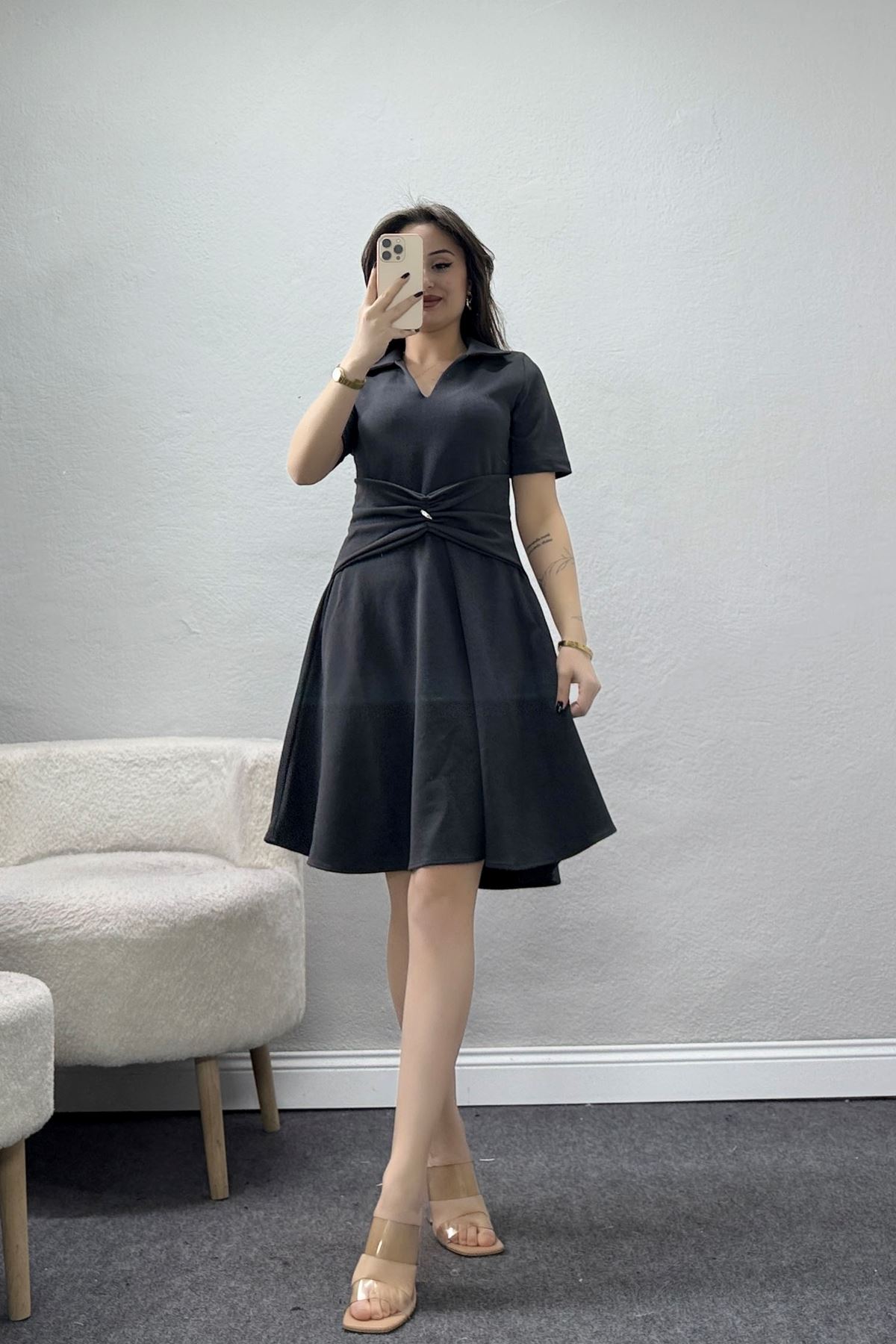 Aksesuar Detaylı Krep Kumaş Kloş Elbise Antrasit - 71182.2143.