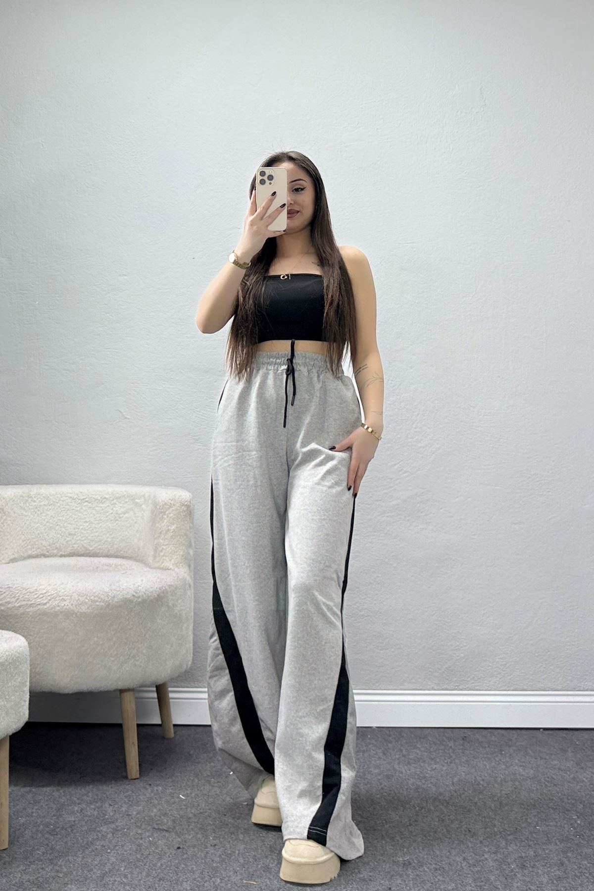 İki İplik Biyeli Eşofman Altı Gri - 43968.1857.