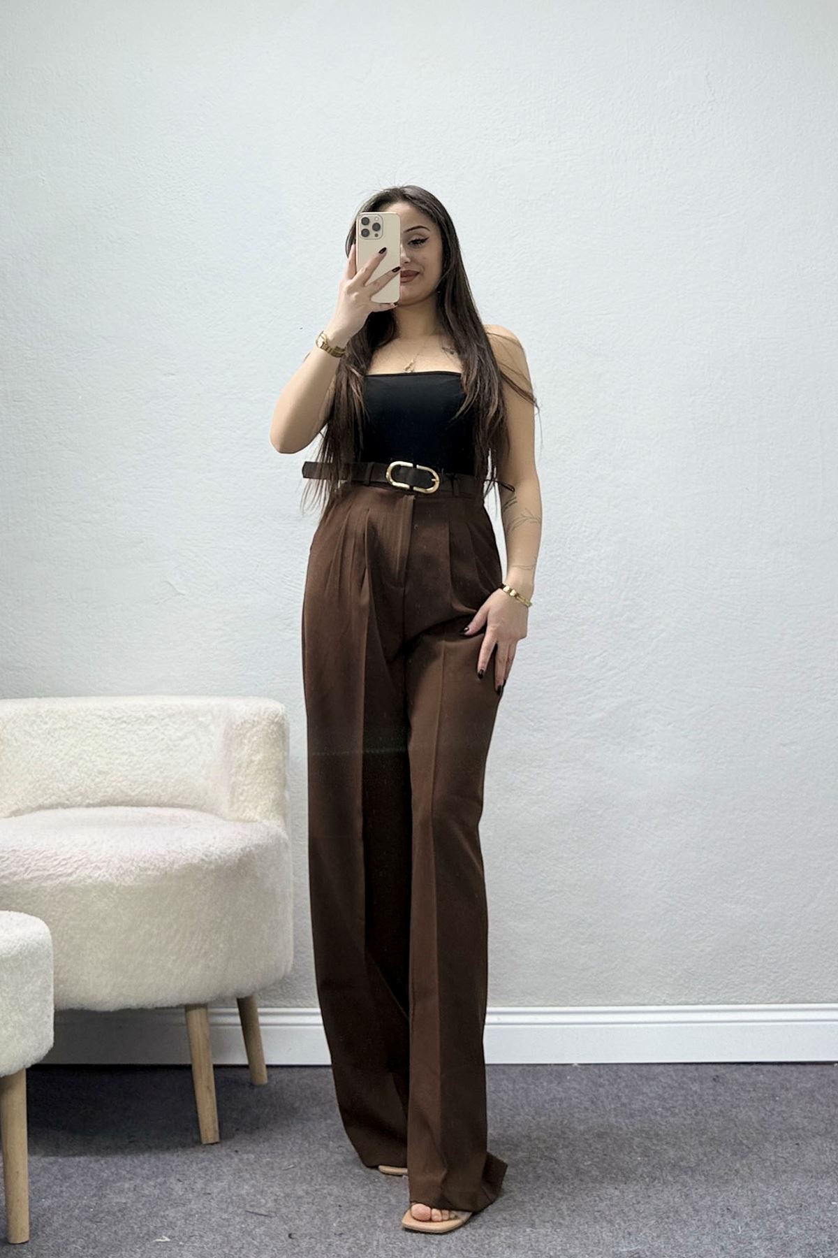 Önden Pileli Dabıl Kumaş Kemerli Pantolon Acıkahve - 71206.1920.