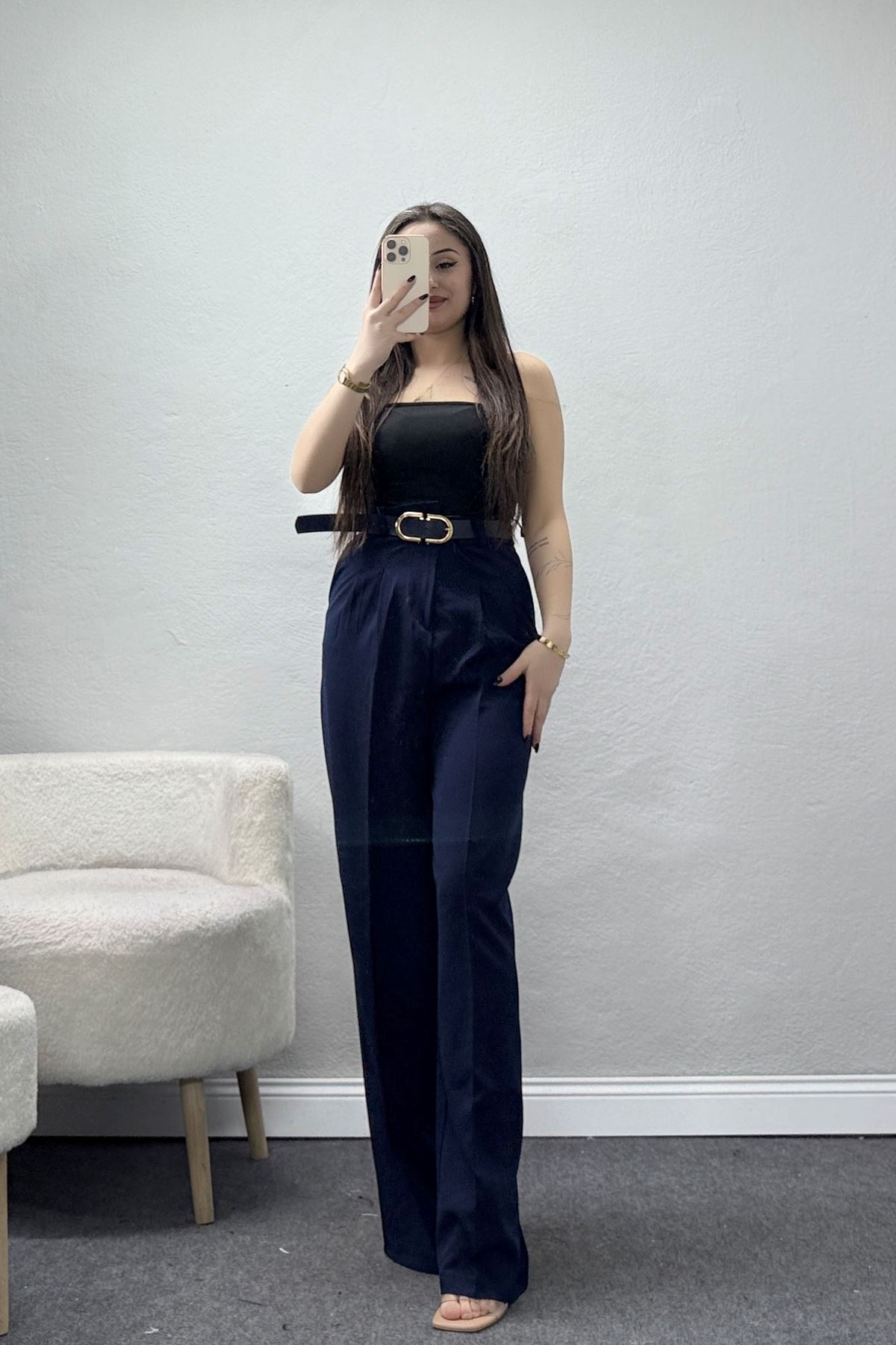 Önden Pileli Dabıl Kumaş Kemerli Pantolon Lacivert - 71206.1920.