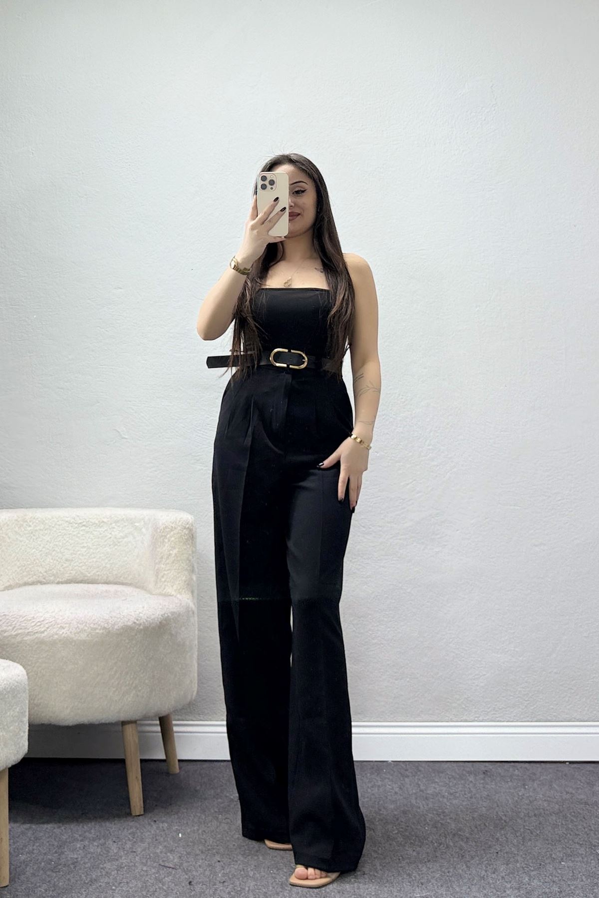 Önden Pileli Dabıl Kumaş Kemerli Pantolon Siyah - 71206.1920.