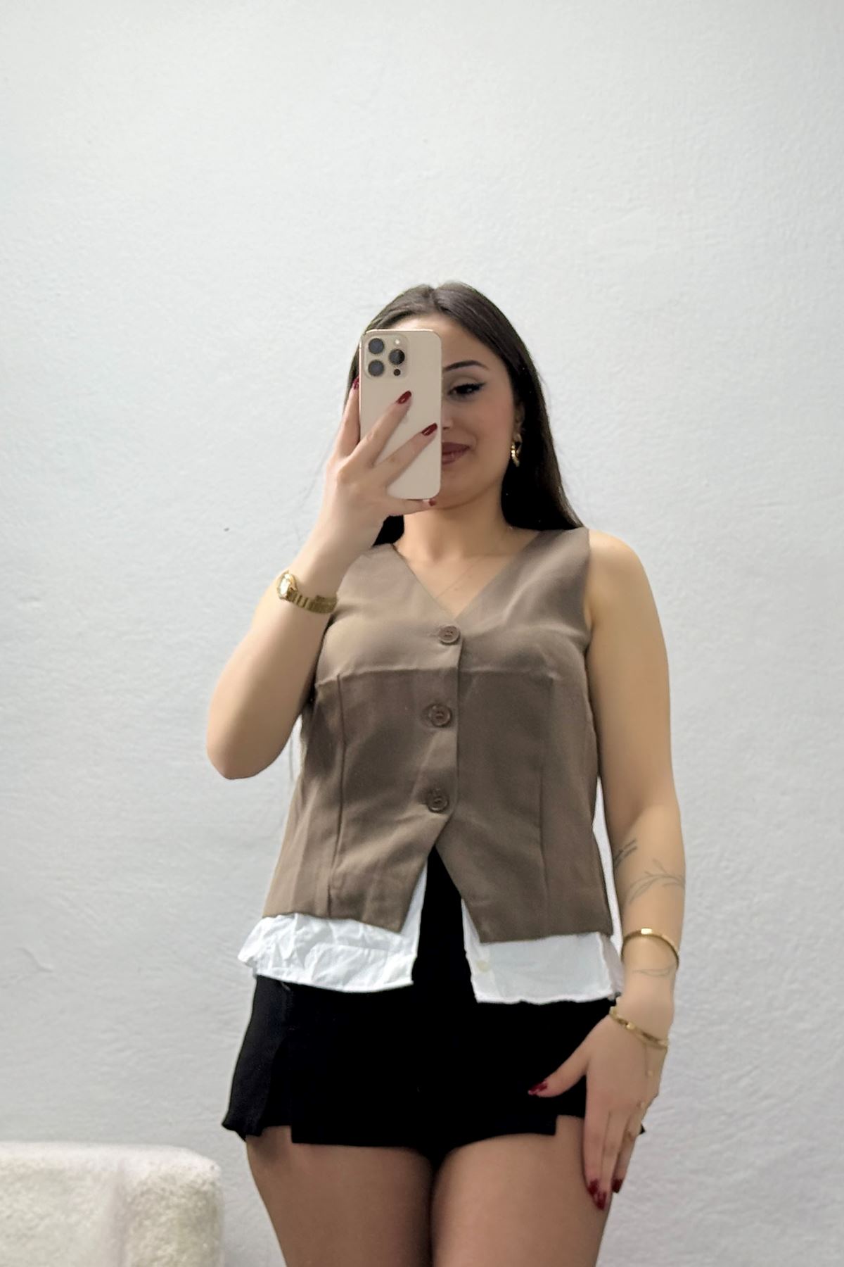 Poliviskon Gömlek Detay Yelek Vizon - 8212.1437.