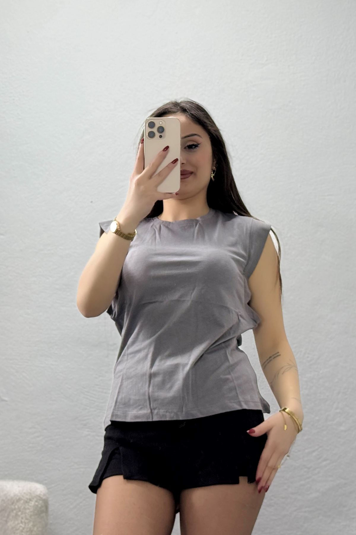 Geniş Kol Bisiklet Yaka Tişört Boyalıgri - 21572.200.