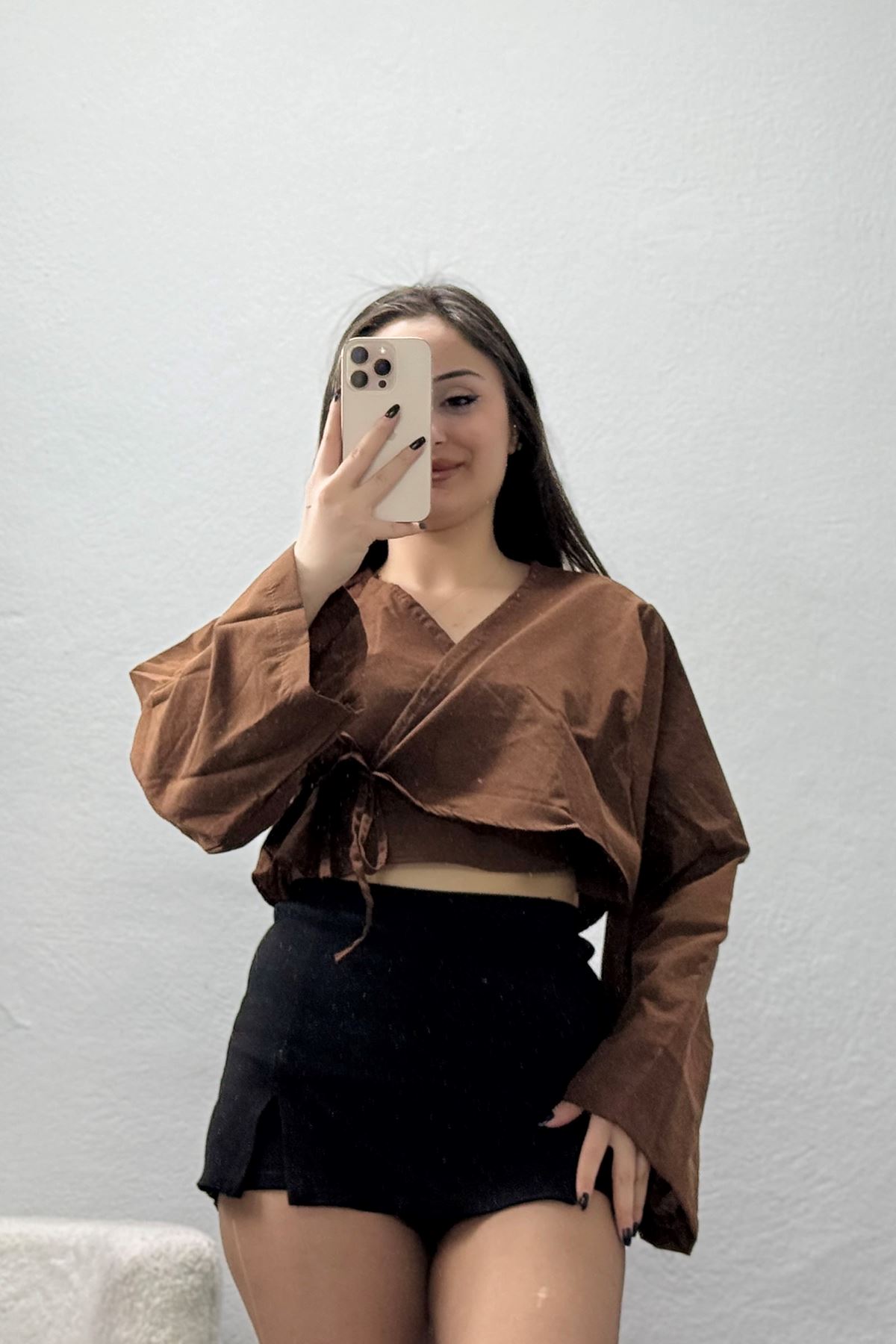 Bağlamalı Asimetrik Gömlek Kahve - 30872.1949.