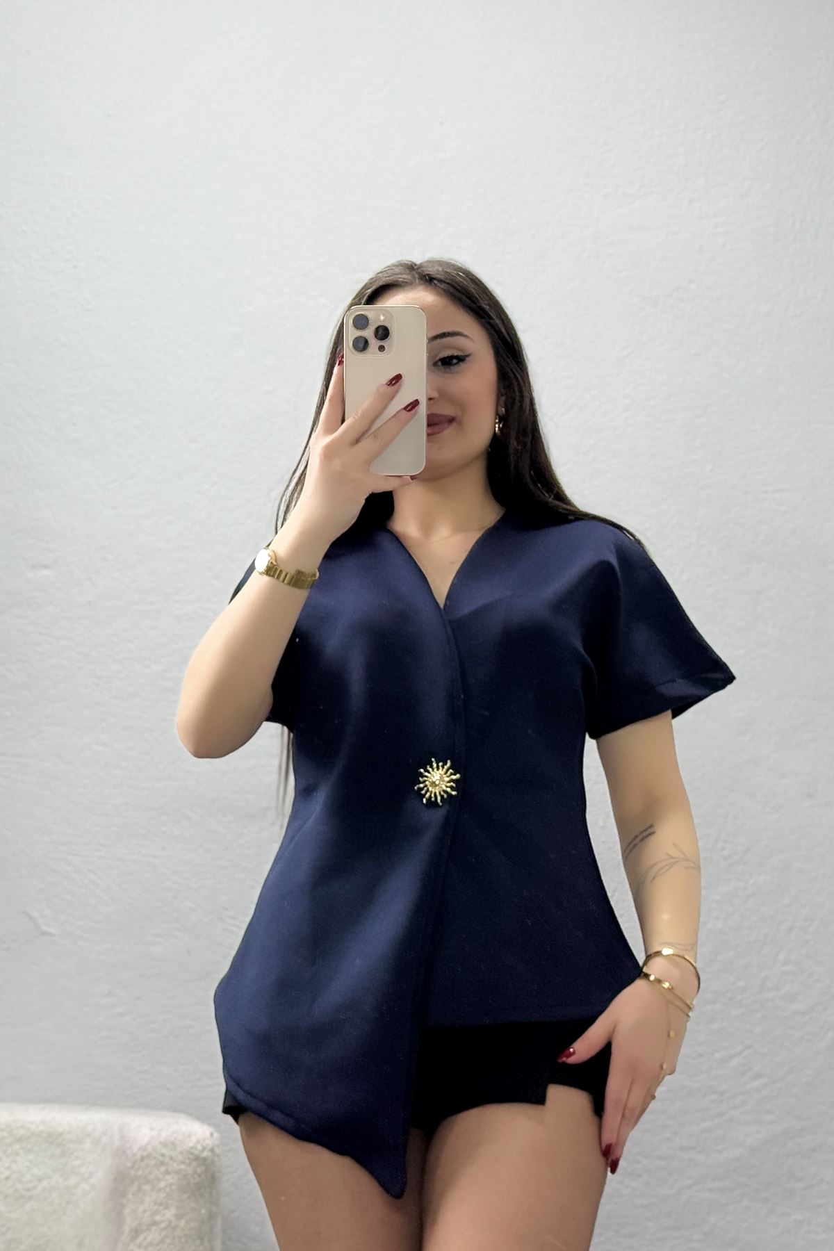 Asimetrik Scuba Kumaş Gold Düğmeli Ceket Lacivert - 32455.2023.