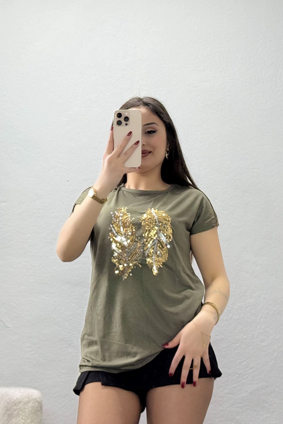 Payet Yaprak Detaylı Tişört Haki - 44006.599.