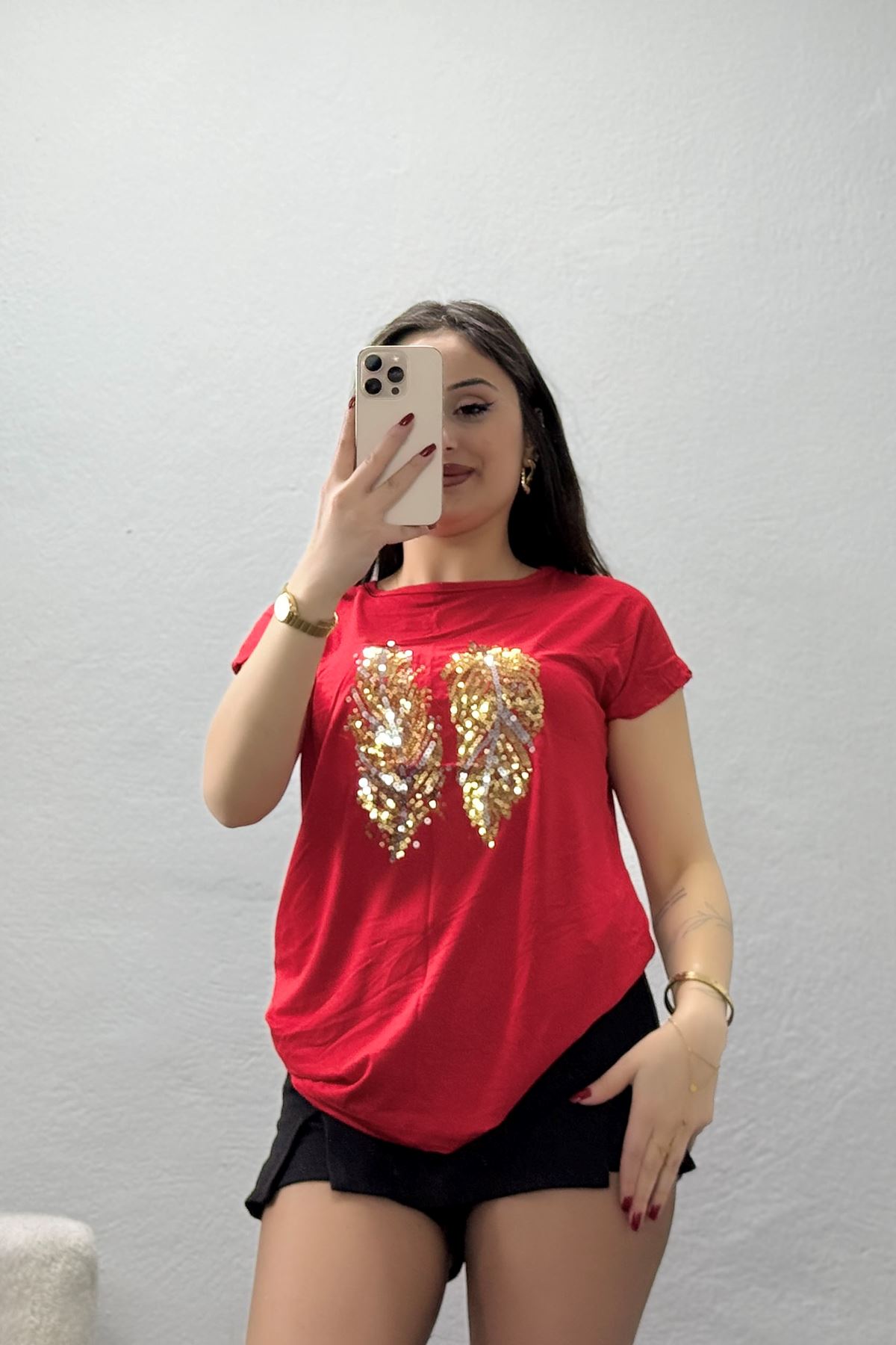 Payet Yaprak Detaylı Tişört Kırmızı - 44006.599.