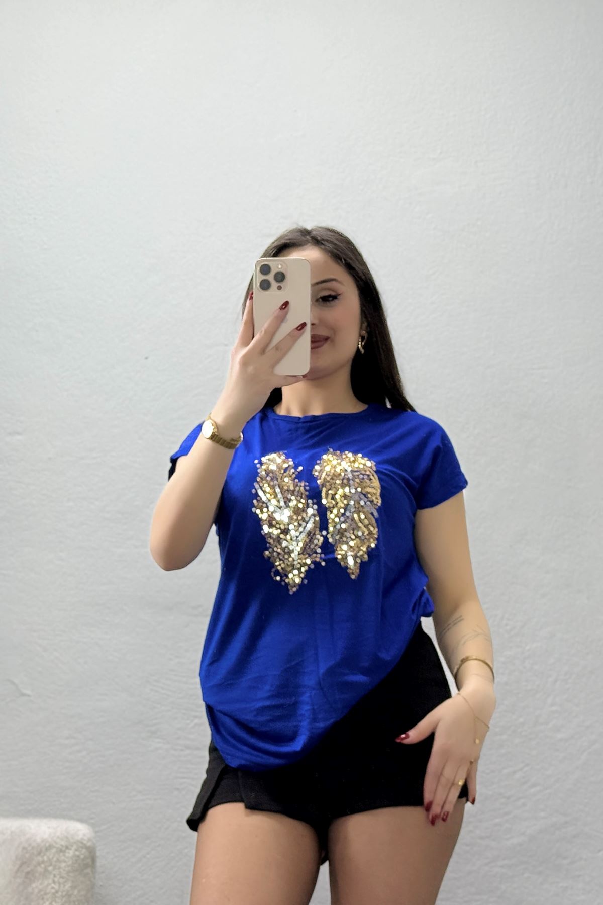 Payet Yaprak Detaylı Tişört Saks - 44006.599.